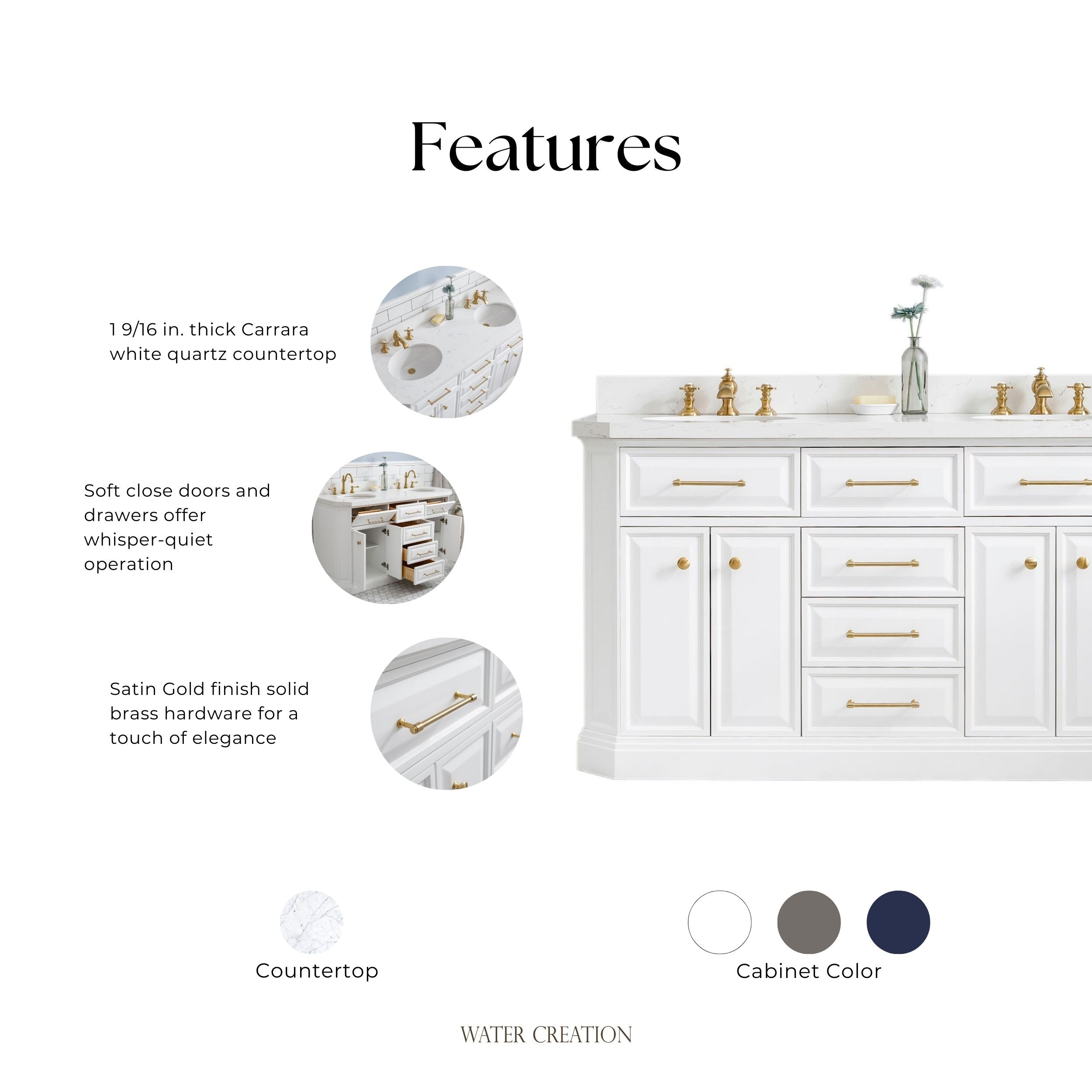 Kingston Luxe PA60QZ06PW - 60 in. x 22 in. Bathroom Vanity Quartz Top and White Basin, Pure White