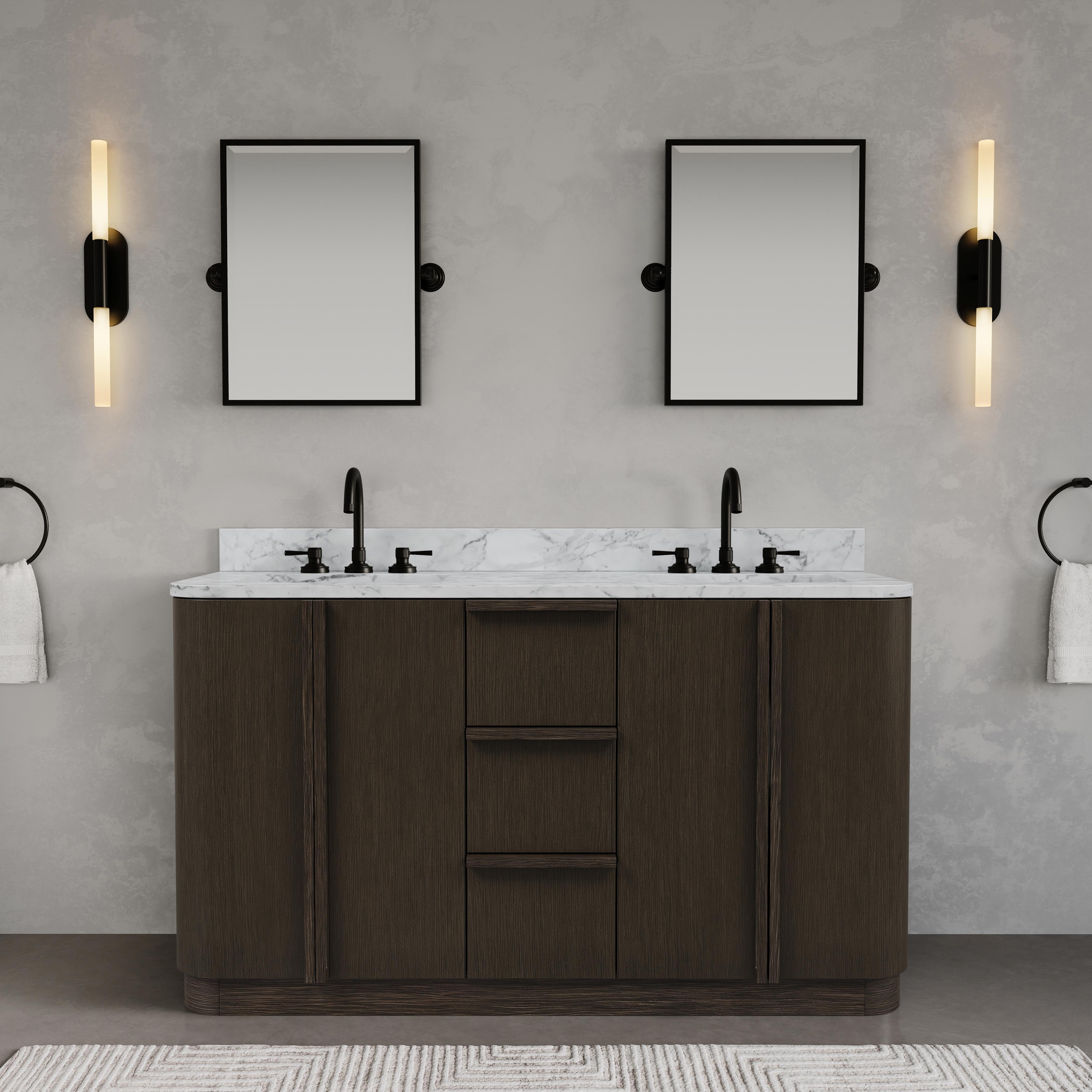 Kingston Luxe OX60CW00CO - 60 in. x 22 in. Bathroom Vanity Double Sink Freestanding with Carrara White Marble Top, Charcoal Oak