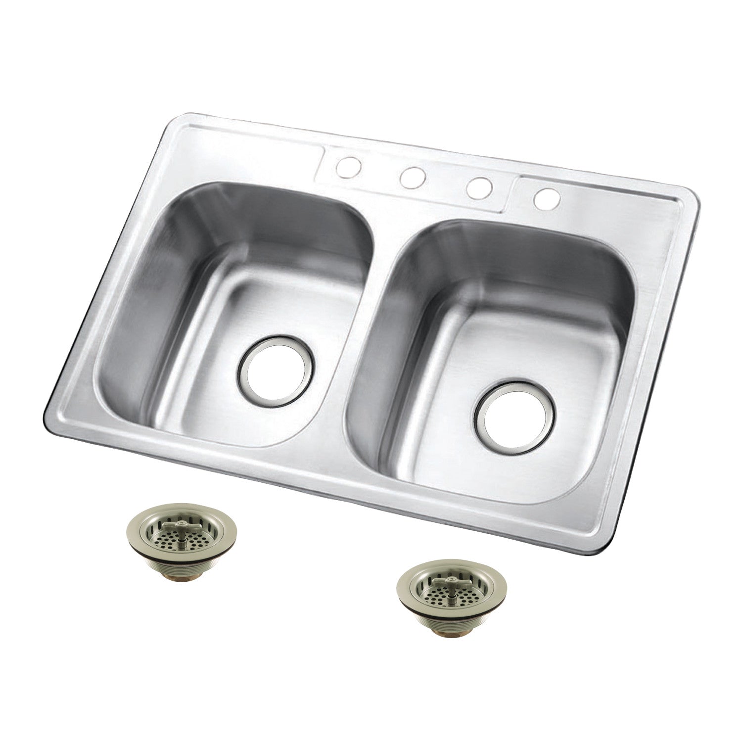 Kingston Tulare KGKTD332278 - Studio 33-Inch Stainless Steel Self-Rimming Double Bowl Drop-In Kitchen Sink (4-Hole) with Strainer, Brushed Stainless Steel/Brushed Nickel