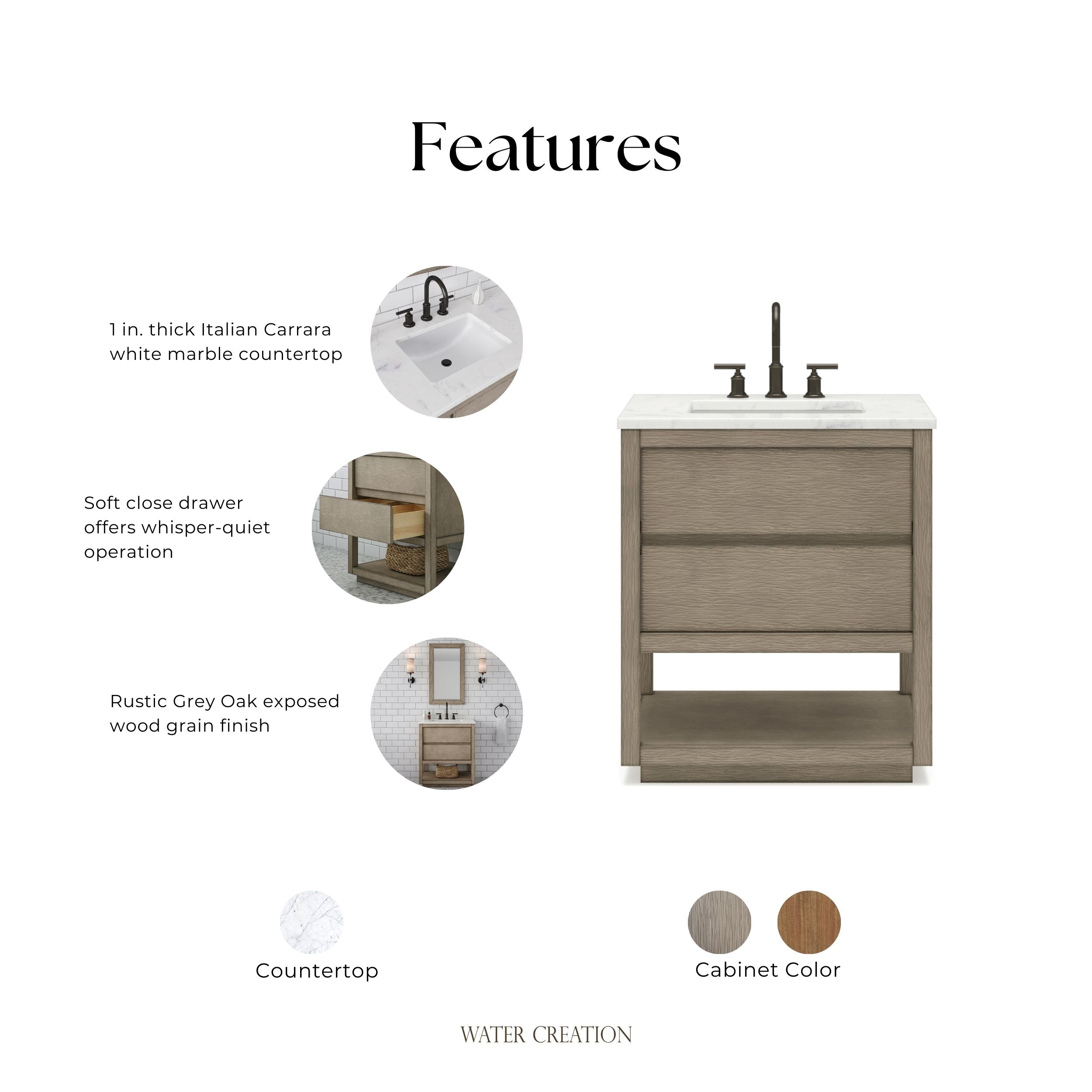 Kingston Luxe OA30CW00GK - 30 in. x 22 in. Bathroom Vanity Marble Top and White Basin, Grey Oak