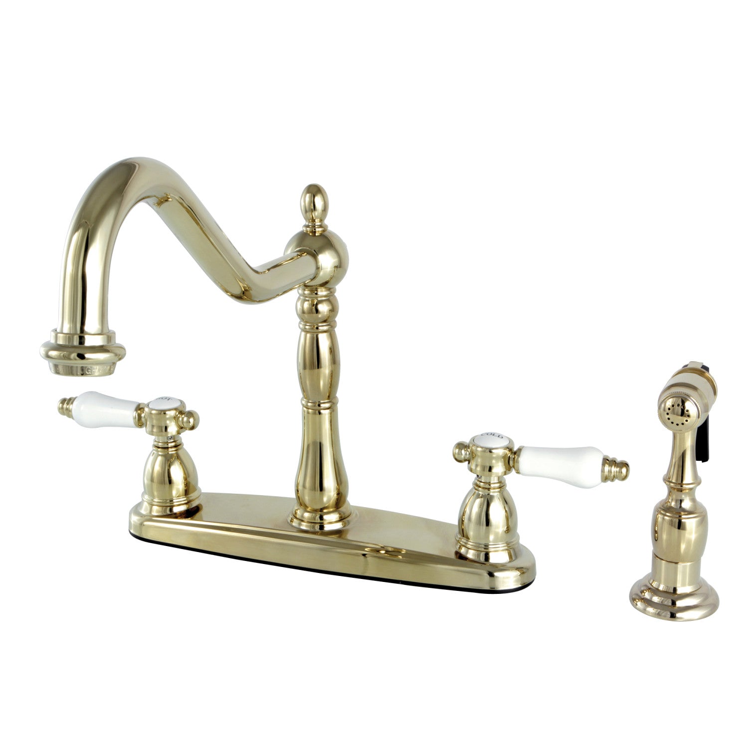 Kingston Heirloom KB1752BPLBS - Bel-Air à deux poignées 4 trous 8" Centerset Robinet de cuisine avec pulvérisateur en laiton, laiton poli