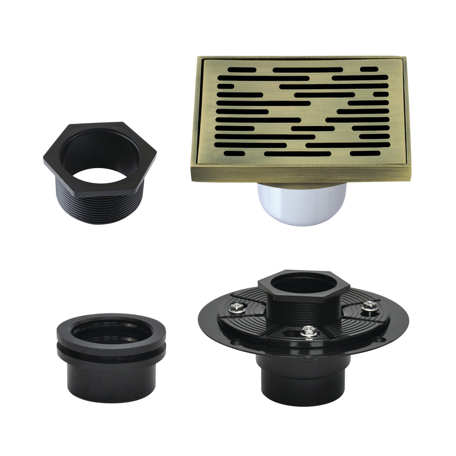 Kingston Watercourse BSFK6310AB 4-Inch Brass Square Grid Shower Drain with Hair Strainer and Base Flange, Antique Brass