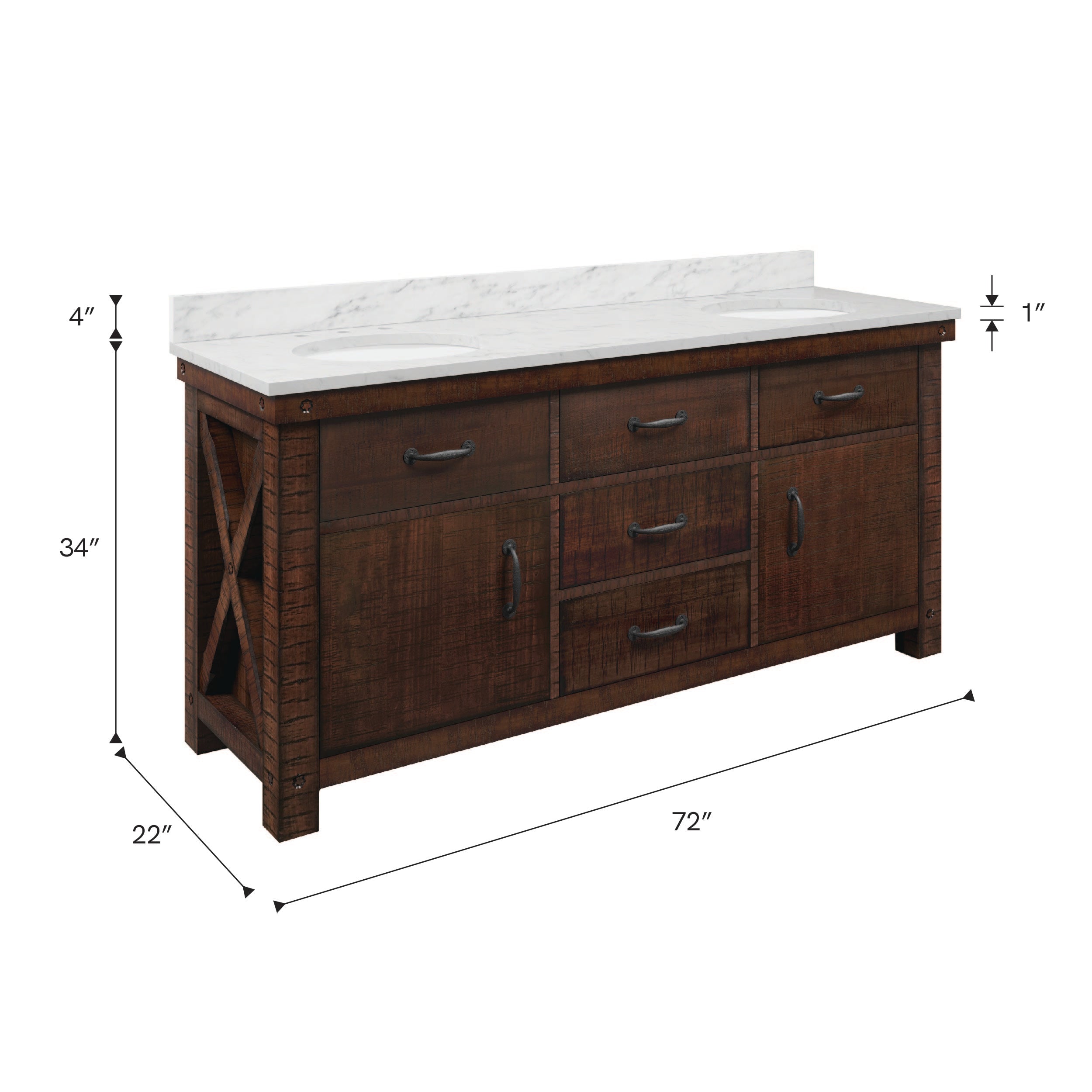 Kingston Luxe AB72CW03RS - 72 in. x 22 in. Bathroom Vanity Marble Top and White Basin, Rustic Sierra