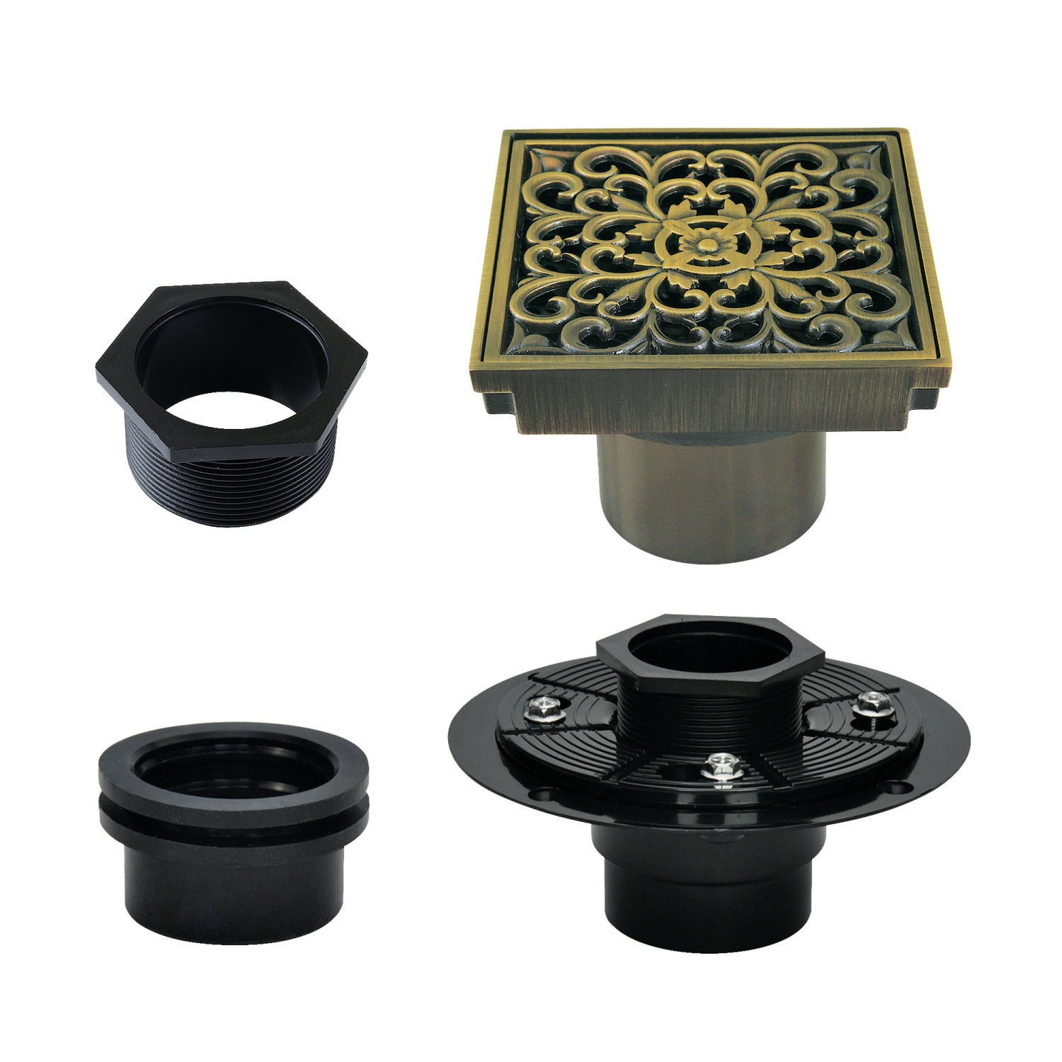 Kingston Watercourse BSFK9771AB 4-Inch Brass Square Grid Shower Drain with Hair Strainer and Base Flange, Antique Brass