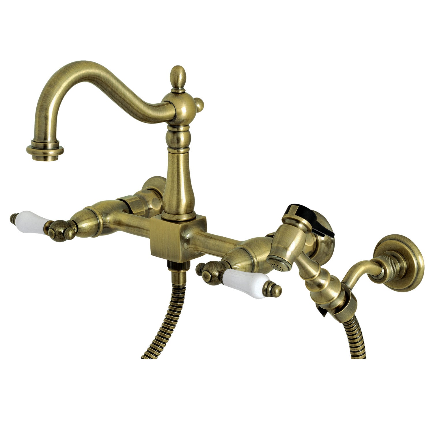 Kingston Heirloom KS1263PLBS - Robinet de cuisine à double poignée Heritage 3 trous Wall Mount Bridge avec pulvérisateur en laiton, laiton antique