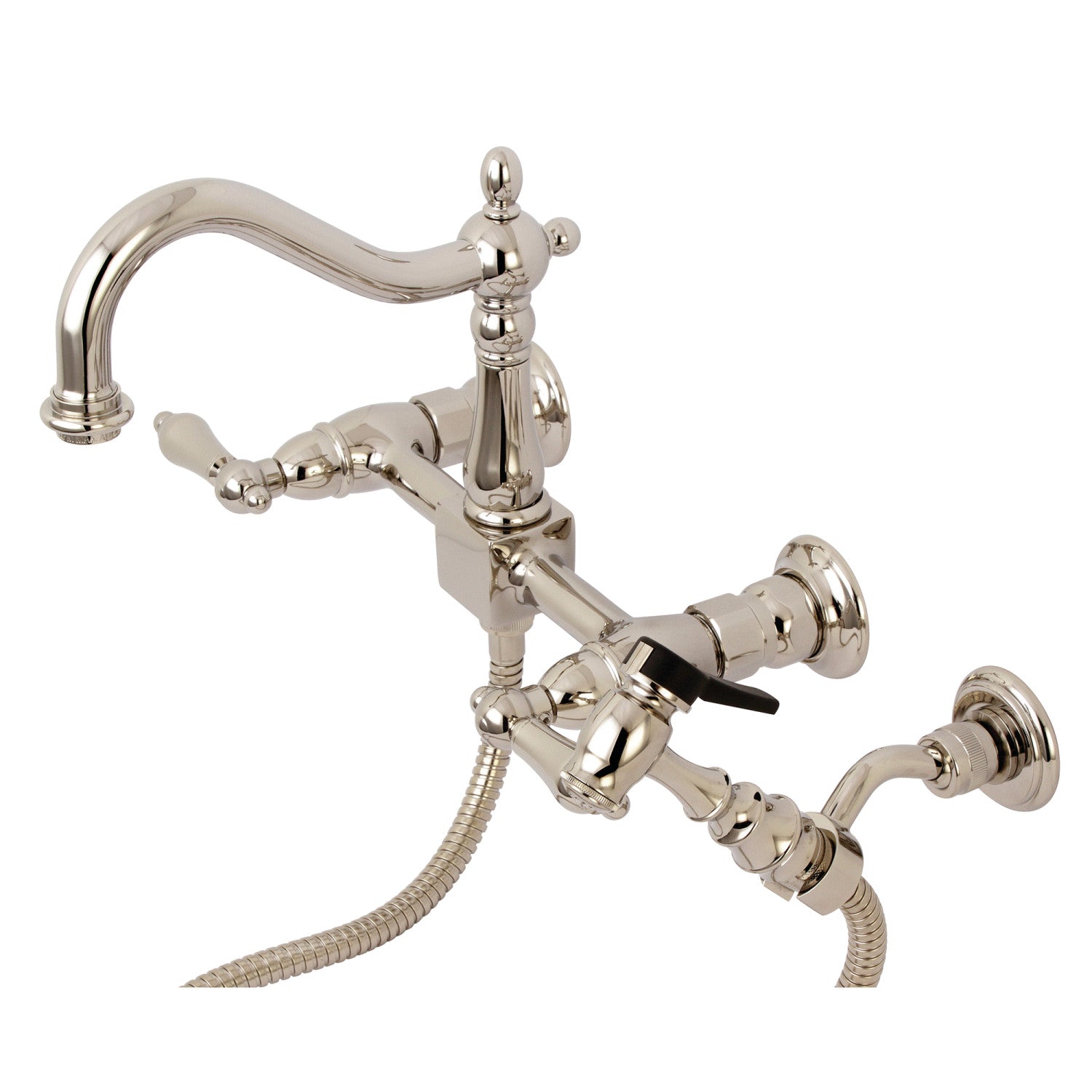 Kingston Heirloom KS1266ALBS - Robinet de cuisine à deux poignées Heritage 3 trous avec pulvérisateur en laiton, nickel poli