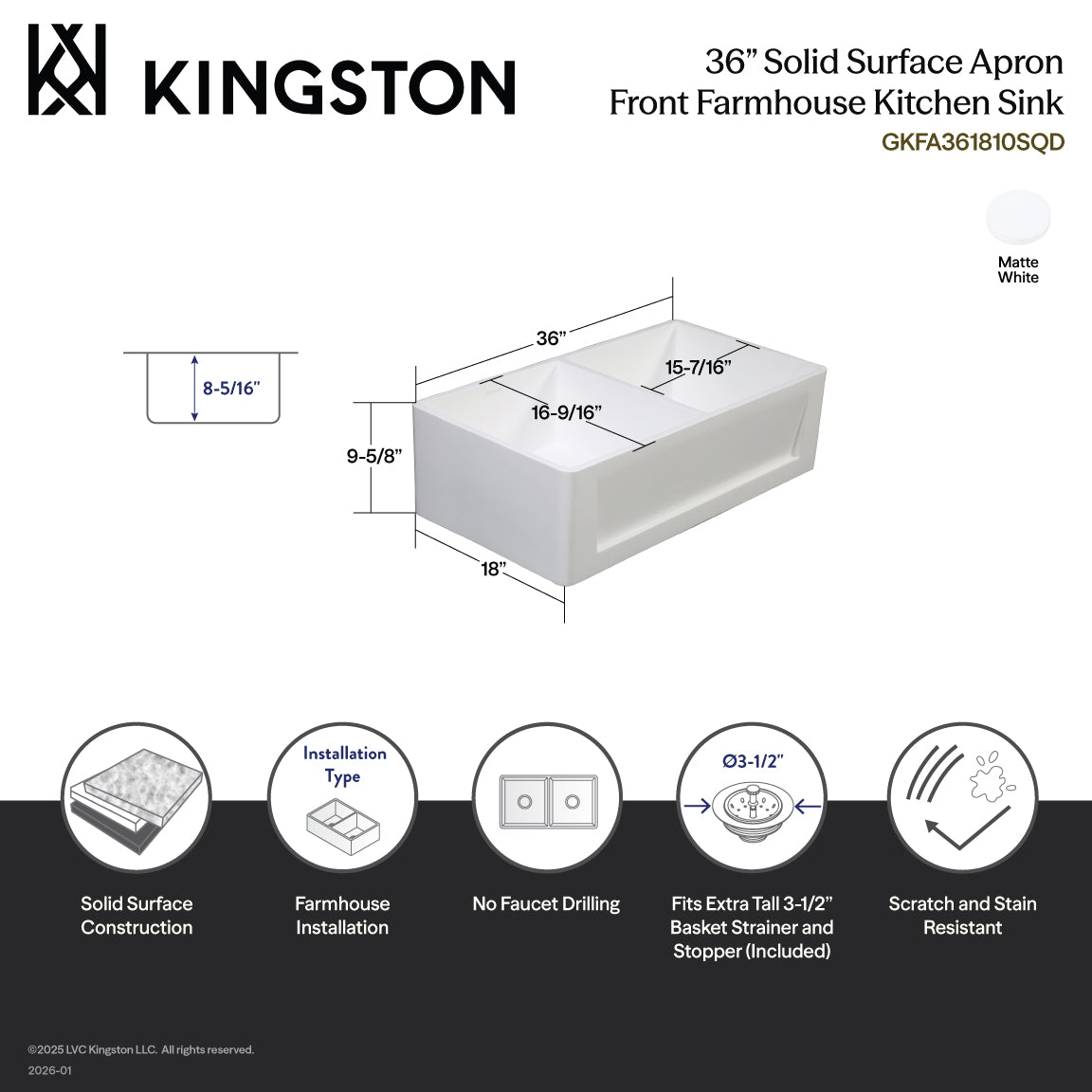 Kingston Arcticstone GKFA361810SQD 36-Inch Solid Surface White Stone Apron-Front Double Bowl Farmhouse Kitchen Sink with Strainers x 2, Matte White