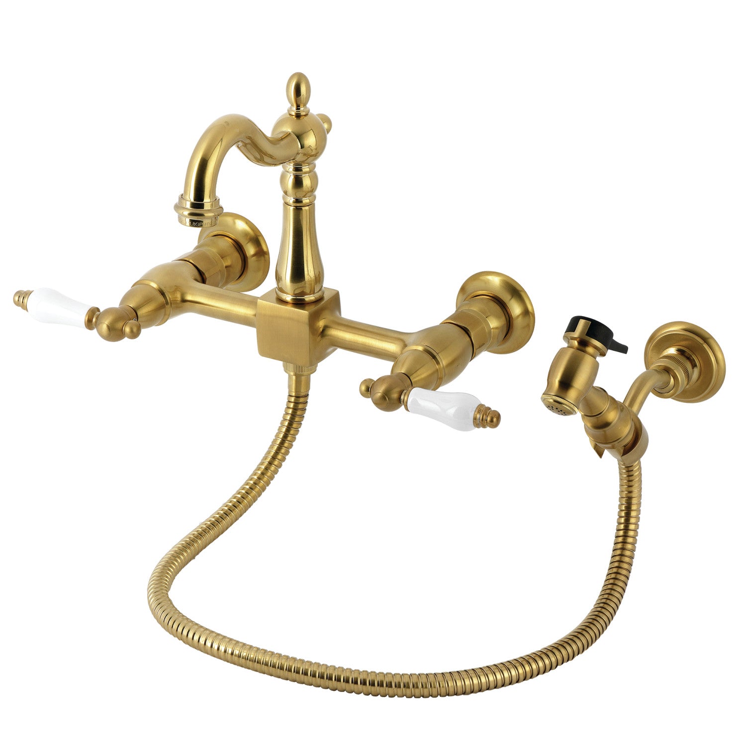 Kingston Heirloom KS2447PLBS - Robinet de cuisine à deux poignées Heritage 3 trous Wall Mount Bridge avec pulvérisateur en laiton, laiton brossé