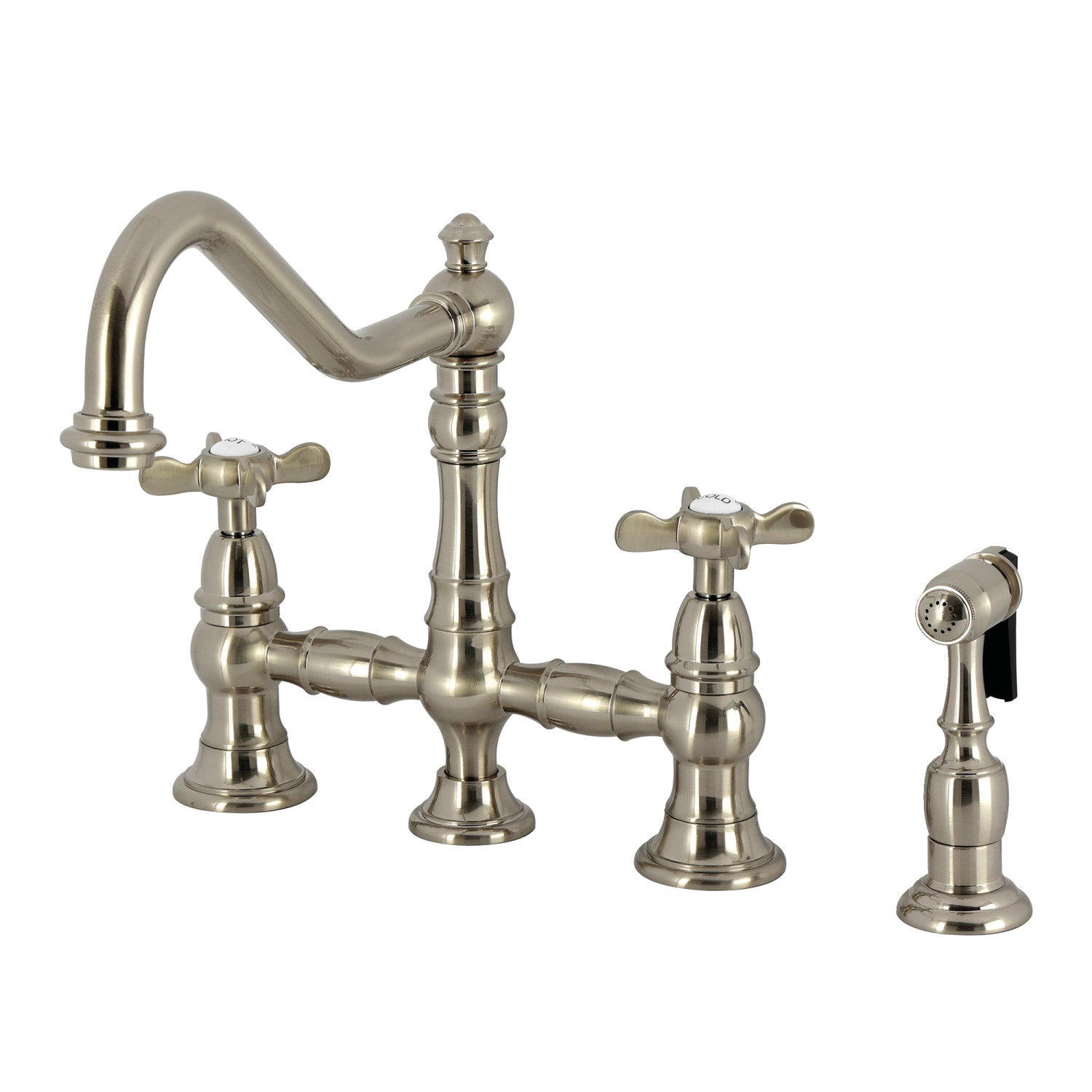 Kingston Heirloom KS3278BEXBS - Robinet de cuisine à deux poignées 4 trous montage sur plage Bridge avec pulvérisateur en laiton, nickel brossé