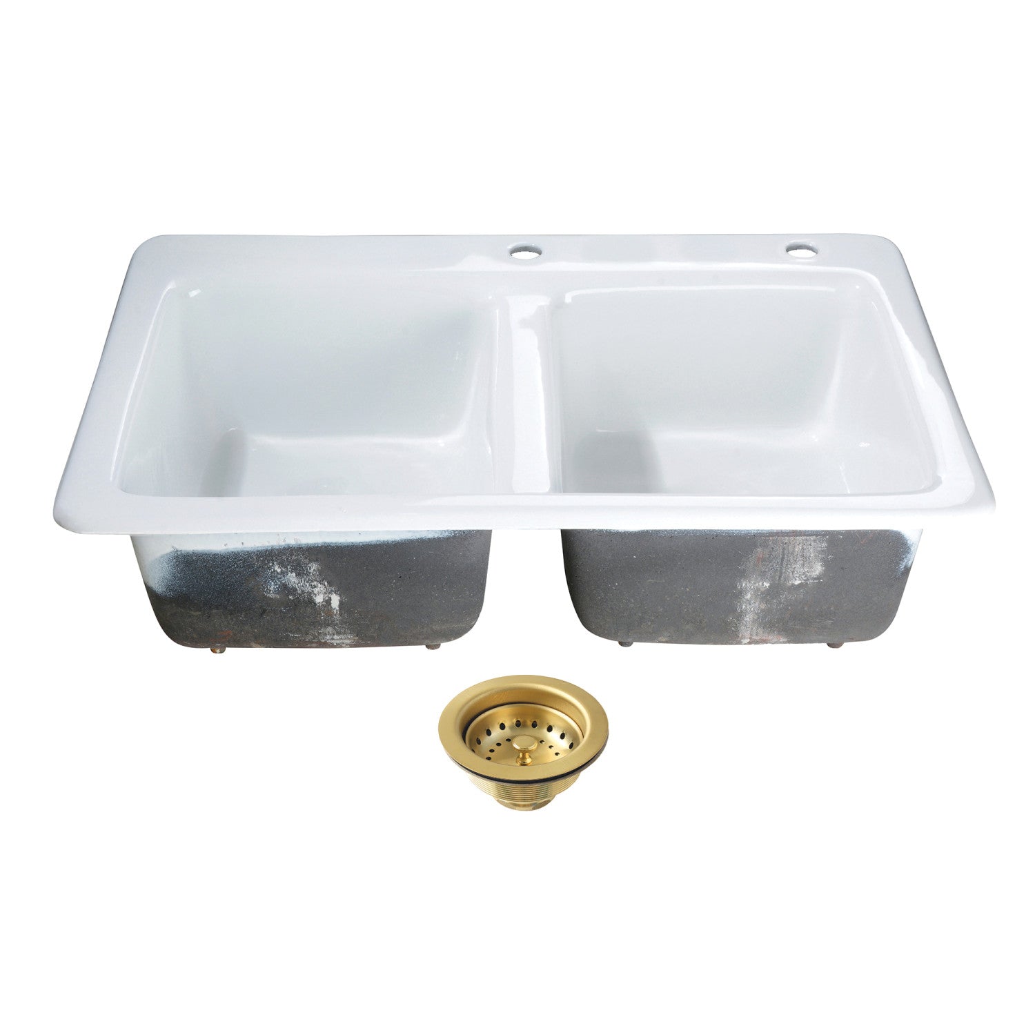 Kingston Heirloom KGT33229D27 - Petra Galley 33-Inch Cast Iron Self-Rimming Double Bowl Drop-In Kitchen Sink (2-Hole) with Basket Strainers x 2, White/Brushed Brass