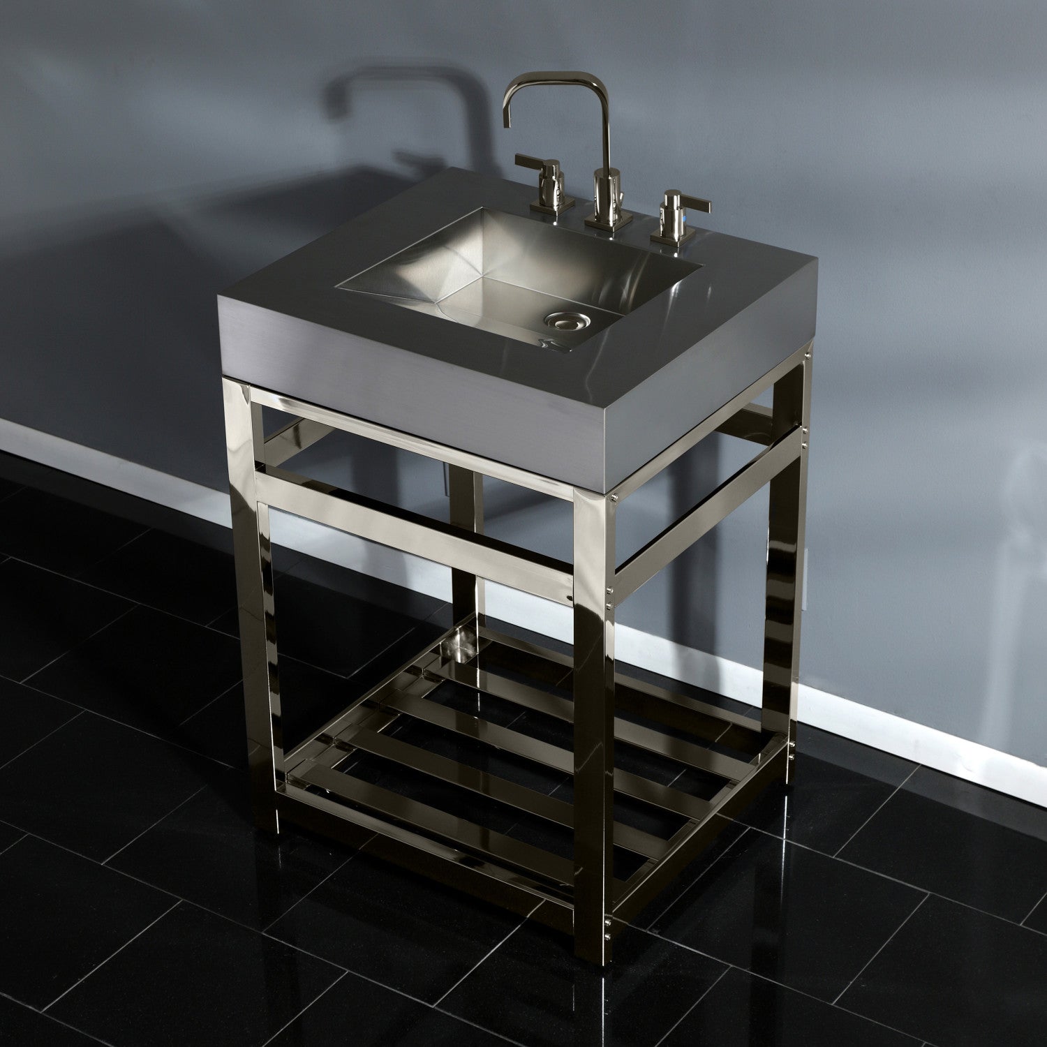 Kingston Sona KVSP2522A6 - Kingston Commercial 25-Inch Stainless Steel Console Sink with Steel Base (8-Inch, 3-Hole), Brushed Stainless Steel/Polished Nickel
