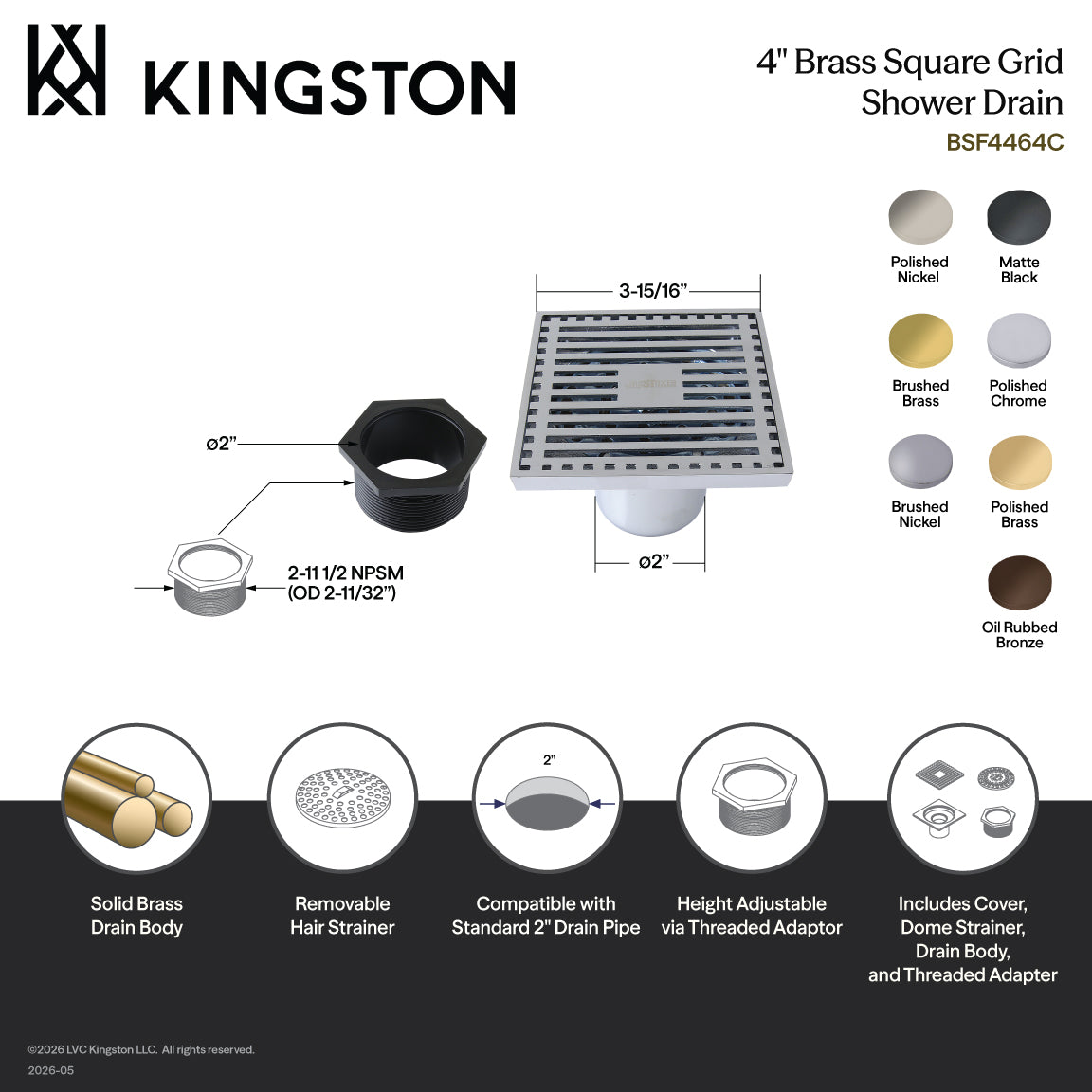 Kingston Watercourse BSF4464BB 4-Inch Brass Square Grid Shower Drain with Hair Strainer, Brushed Brass