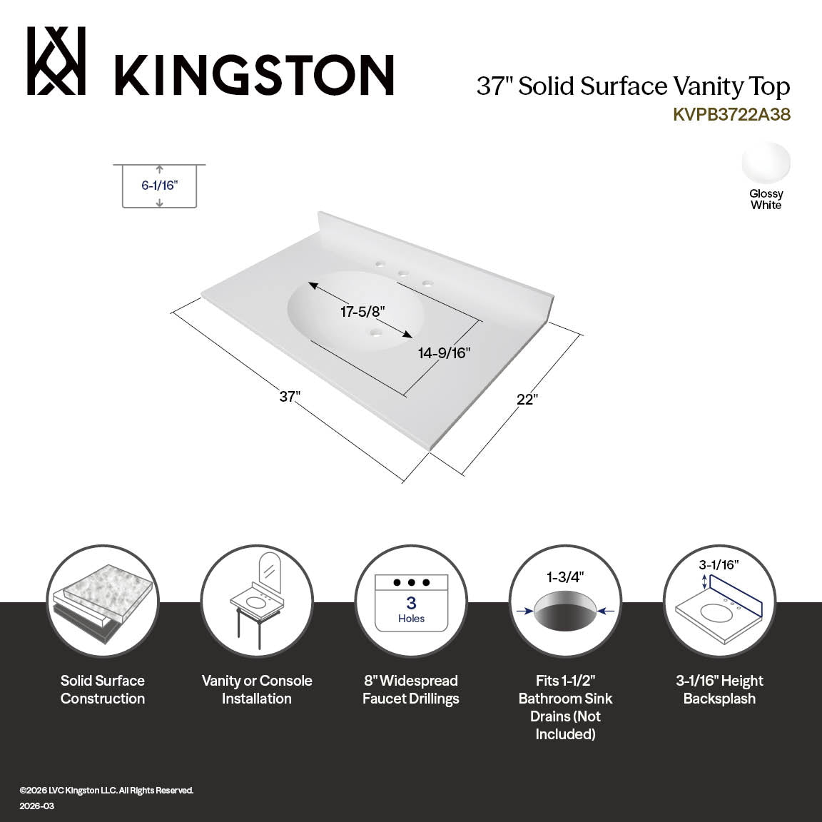 Kingston Sona KVPB3722A38 - Wimbeldon 37-Inch Solid Surface Vanity Top (8" Faucet Drillings), Glossy White