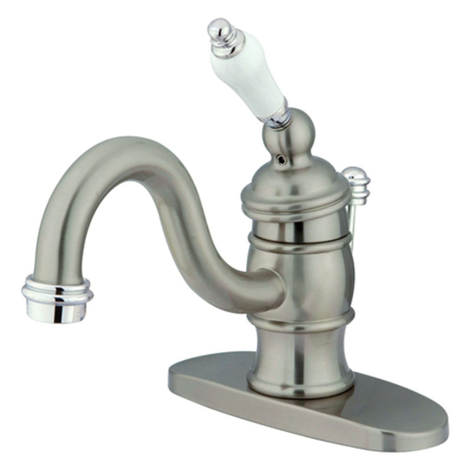 Kingston Heirloom KB3407PL - Robinet de salle de bains à une poignée victorienne 1 trou avec plaque de pont et drain à tirette, nickel brossé / chrome poli