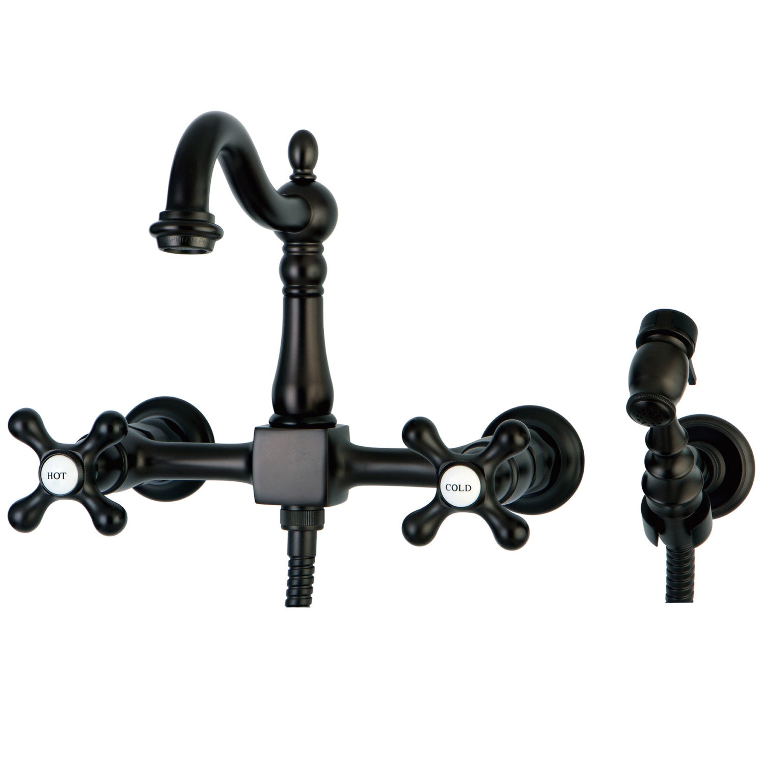 Kingston Heirloom KS1265AXBS - Robinet de cuisine à deux poignées Heritage 3 trous Wall Mount Bridge avec pulvérisateur en laiton, bronze à l'huile