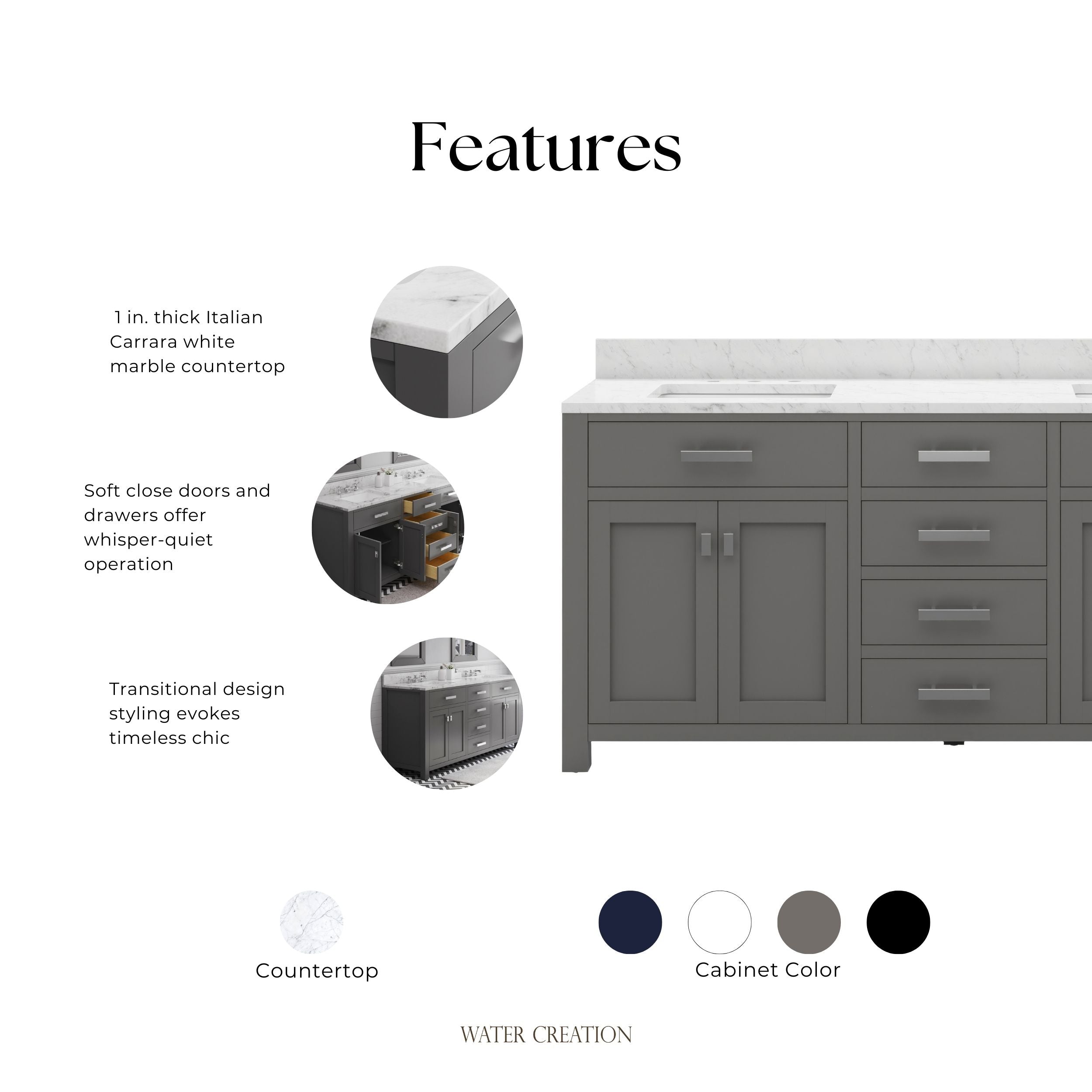 Kingston Luxe MS72CW01CG - 72 in. x 21 in. Bathroom Vanity Marble Top in Carrara White, Cashmere Grey