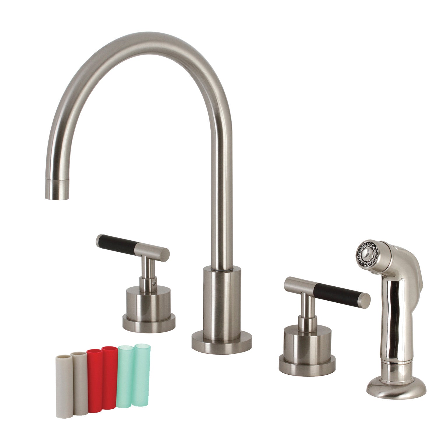 Kingston Sona KS8728CKL - Robinet de cuisine à double poignée Kaiser 4 trous avec pulvérisateur en plastique, nickel brossé