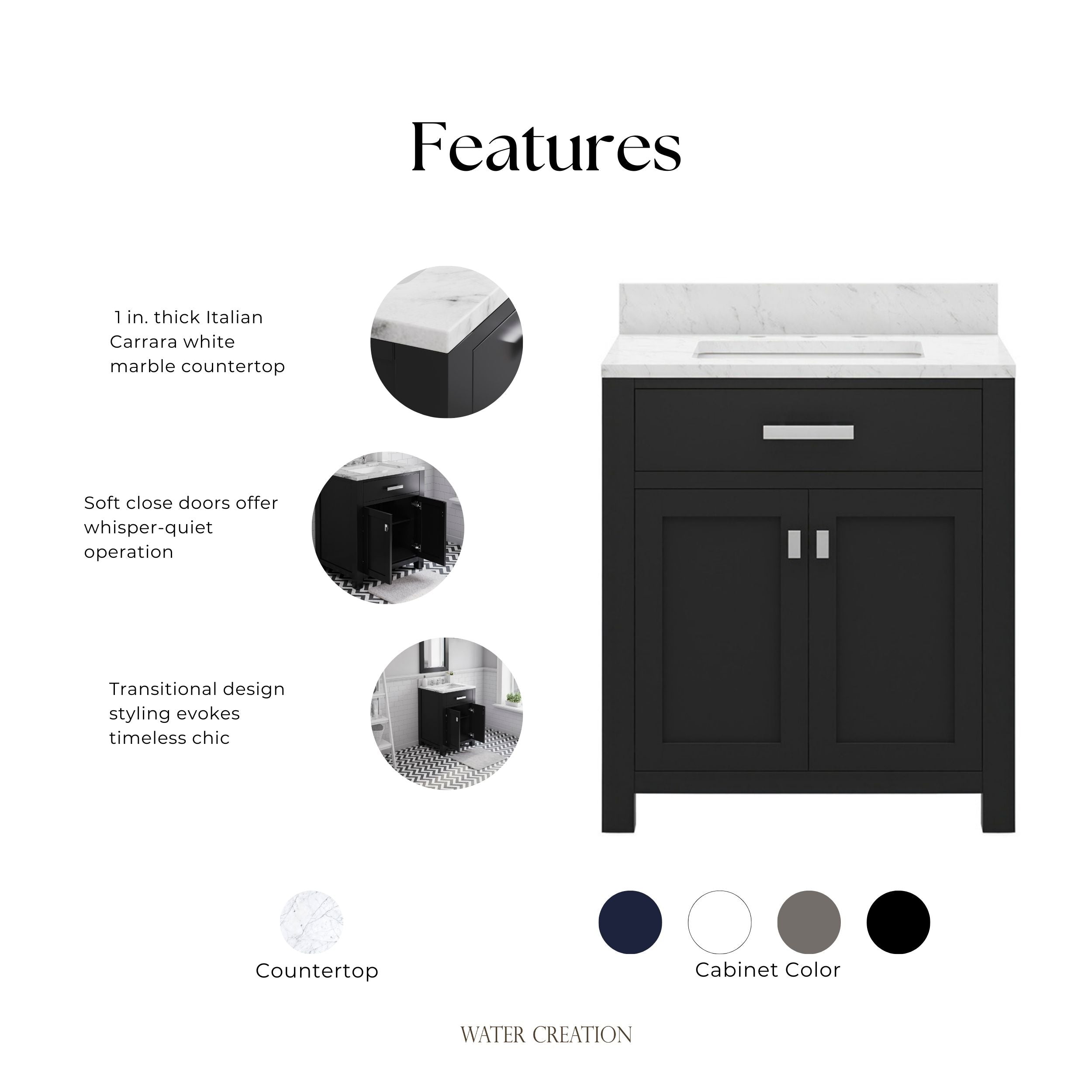 Kingston Luxe MS30CW01ES - 30 in. x 21.5 in. Bathroom Vanity Single Sink with Carrara White Marble Top, Espresso