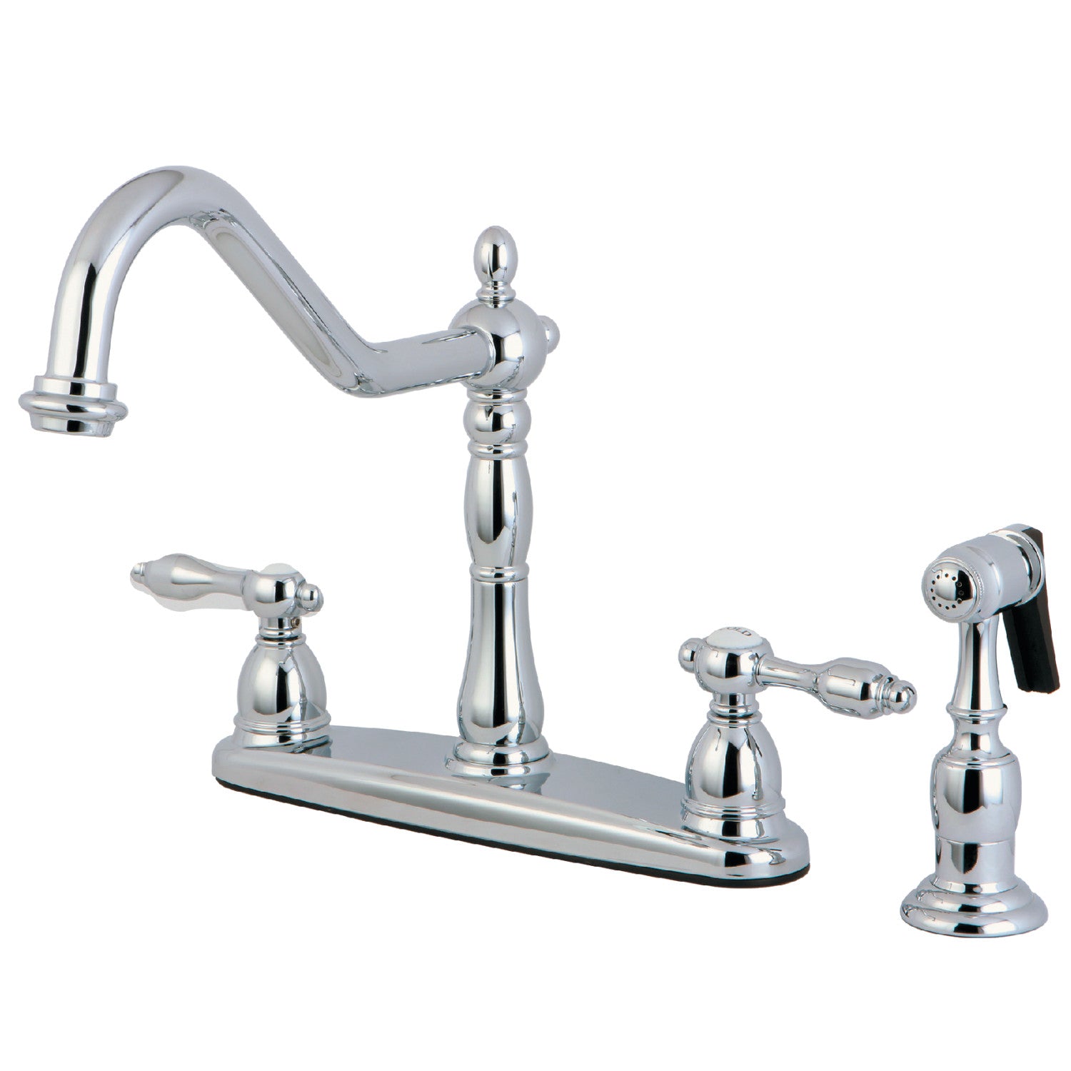 Kingston Heirloom KB1751TALBS - Robinet de cuisine central à deux poignées Tudor 4 trous 8" avec pulvérisateur en laiton, chrome poli