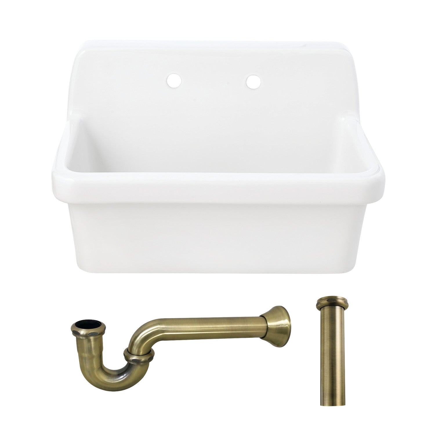 Kingston Heirloom KGPKWS3019183 - Doriteal 30-Inch Ceramic Single Bowl Wall Mount Kitchen Sink with Strainer, White/Antique Brass
