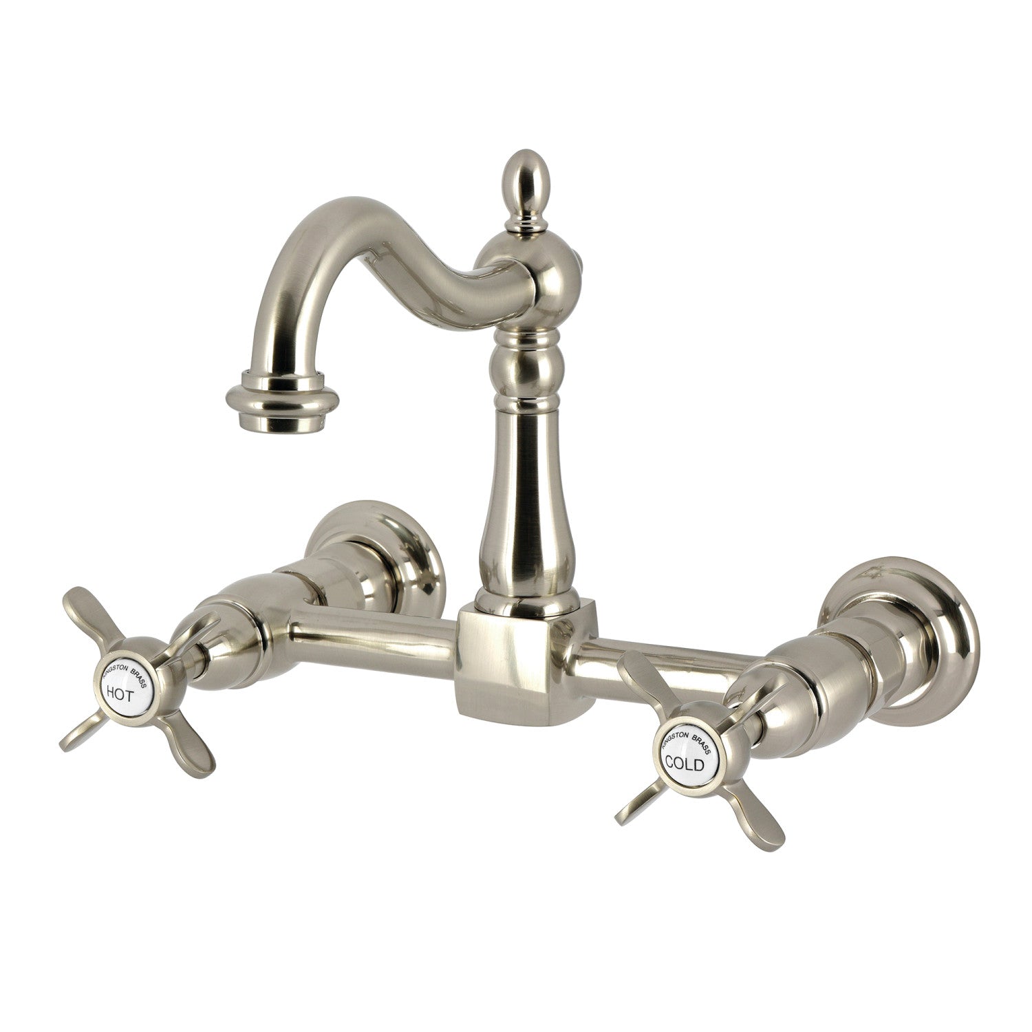 Kingston Heirloom KS1268BEX - Robinet de cuisine à deux poignées 2 trous Wall Mount Bridge, nickel brossé