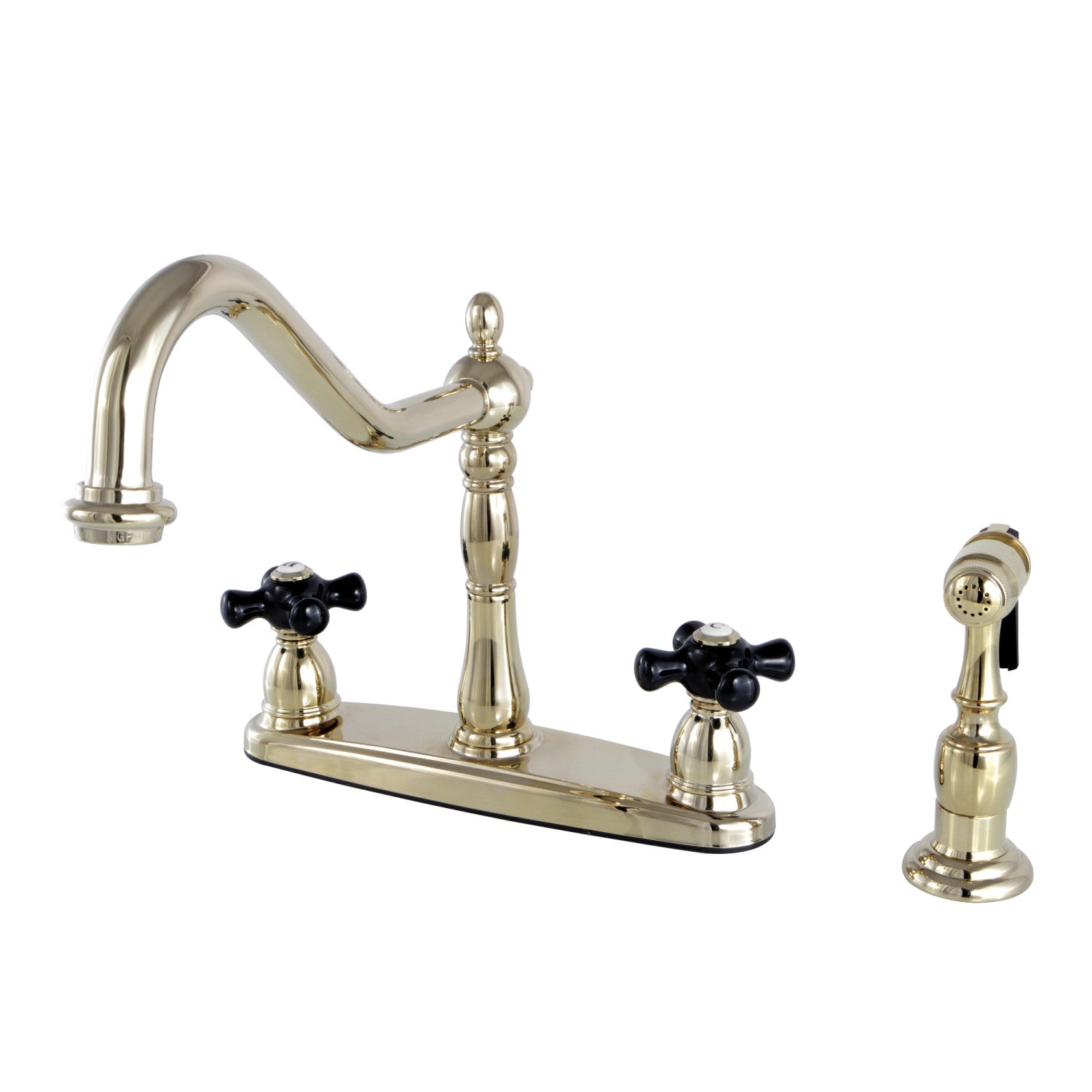 Kingston Heirloom KB1752PKXBS - Robinet de cuisine central à deux poignées 4 trous 8" avec pulvérisateur en laiton poli