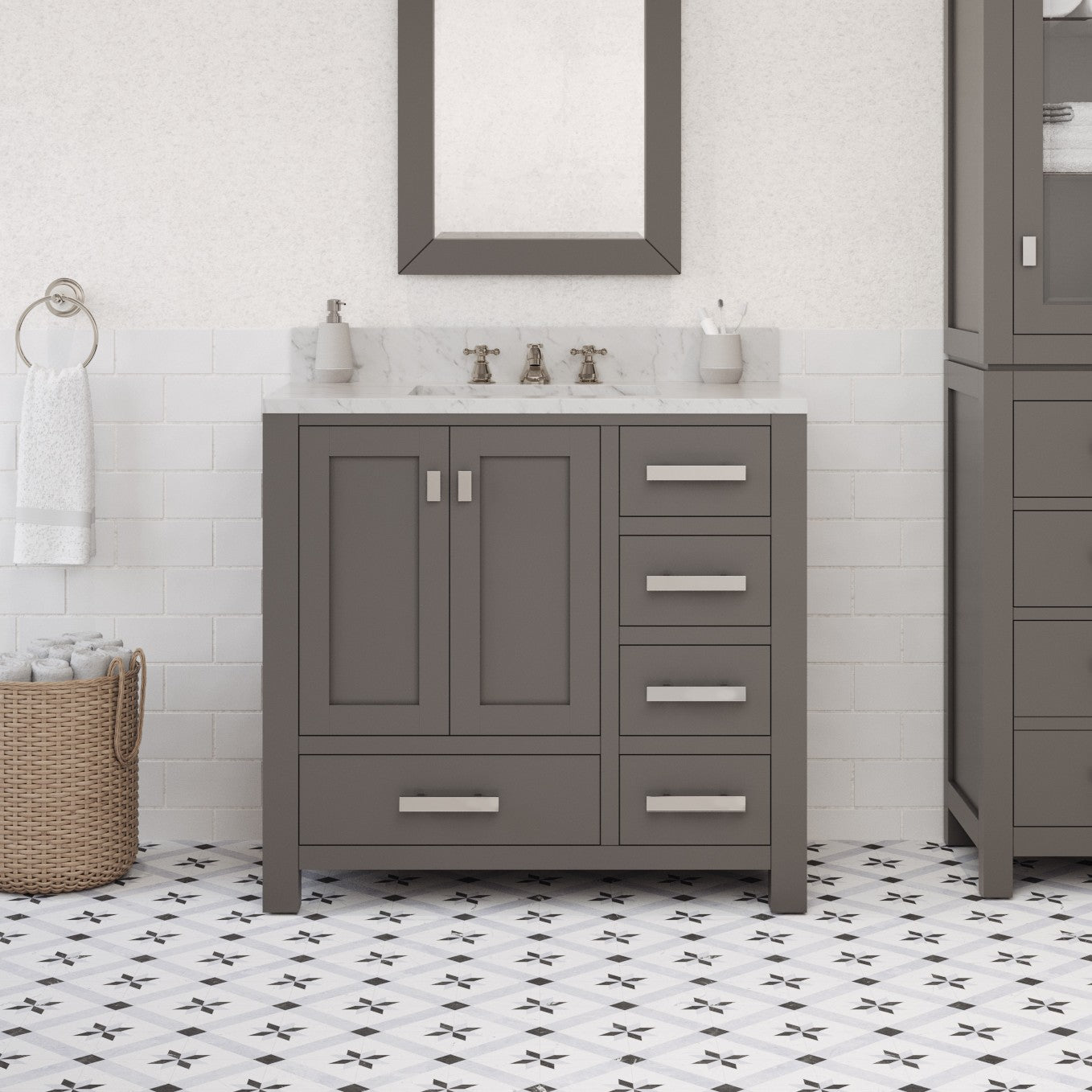 Kingston Luxe MS36CW01CG - 36 in. x 21.5 in. Bathroom Vanity Marble Top in Carrara White and White Basin, Gray