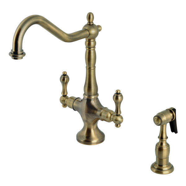 Kingston Heirloom KS1773ALBS - Heritage Two-Handle 2-Hole Kitchen Faucet with Brass Sprayer, Antique Brass