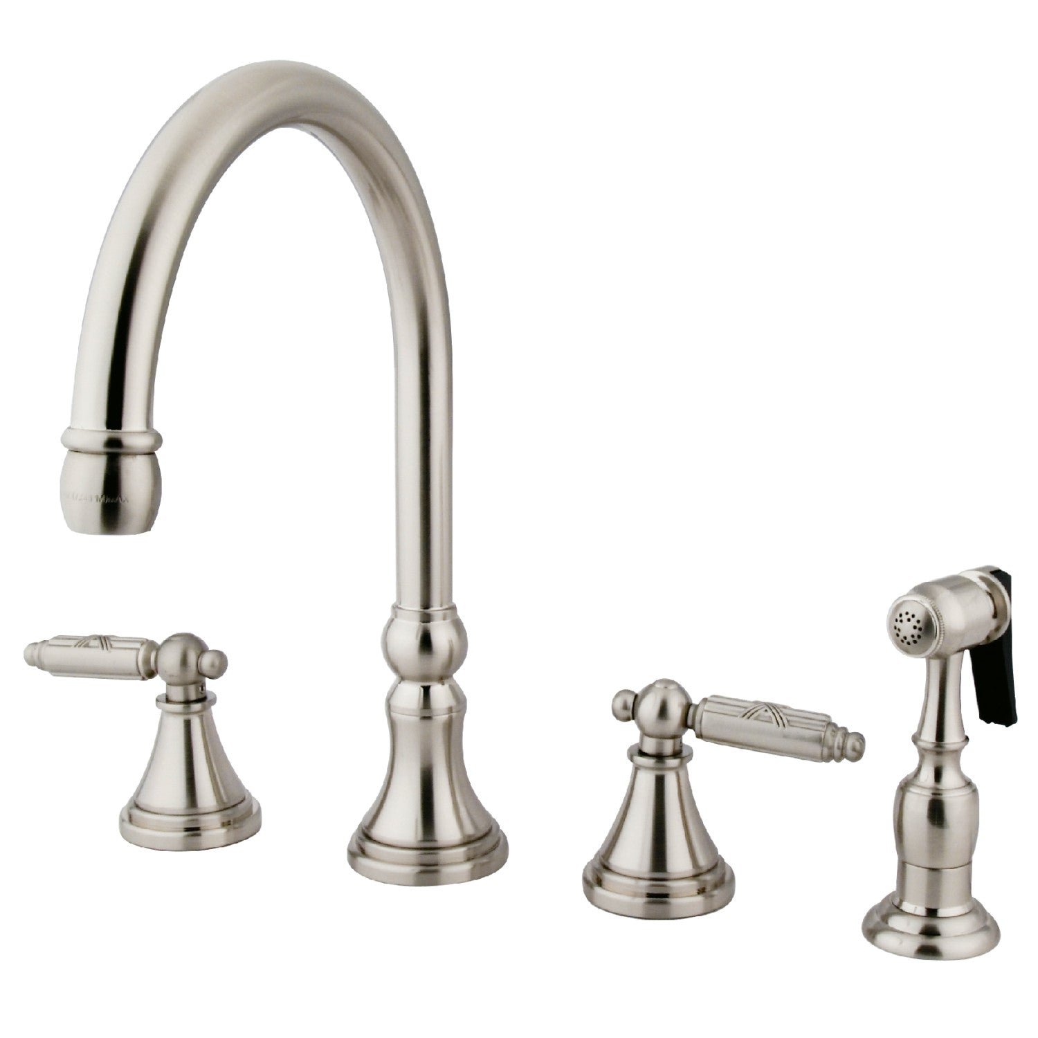 Kingston Tulare GS2798GLBS - Robinet de cuisine à double poignée géorgienne 4 trous avec pulvérisateur en laiton, nickel brossé