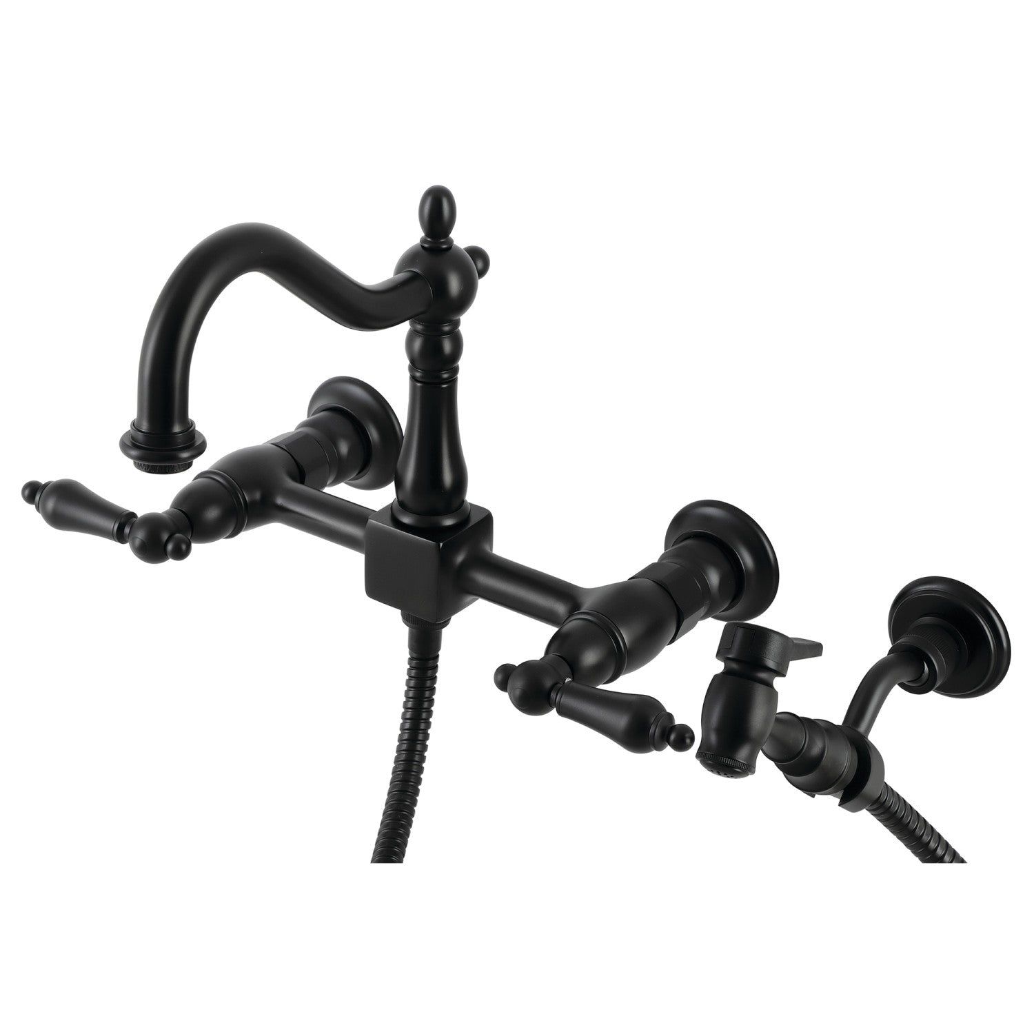 Kingston Heirloom KS1260ALBS - Robinet de cuisine à deux poignées Heritage 3 trous Wall Mount Bridge avec pulvérisateur en laiton, noir mat