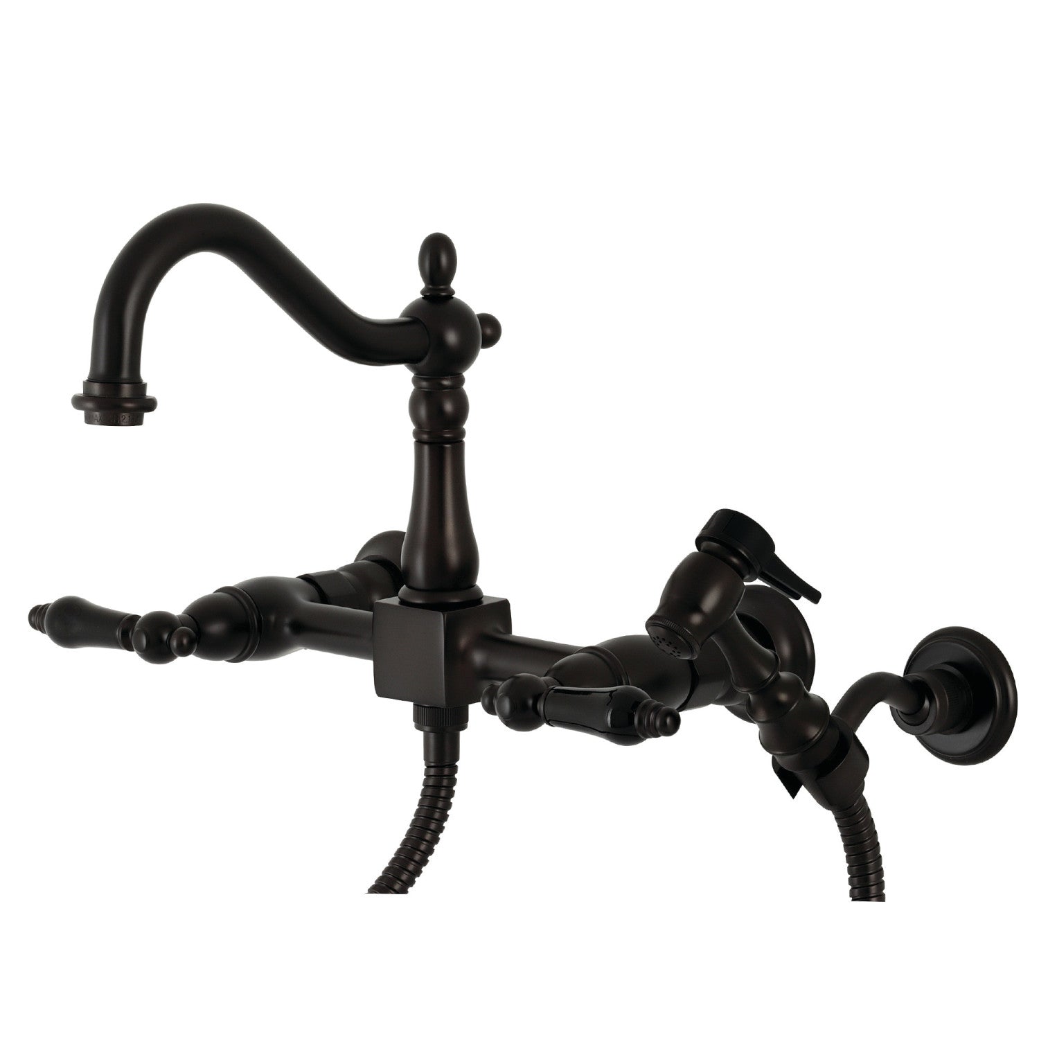 Kingston Heirloom KS1265PKLBS - Robinet de cuisine à deux poignées 3 trous Wall Mount Bridge avec pulvérisateur en laiton, bronze à l'huile
