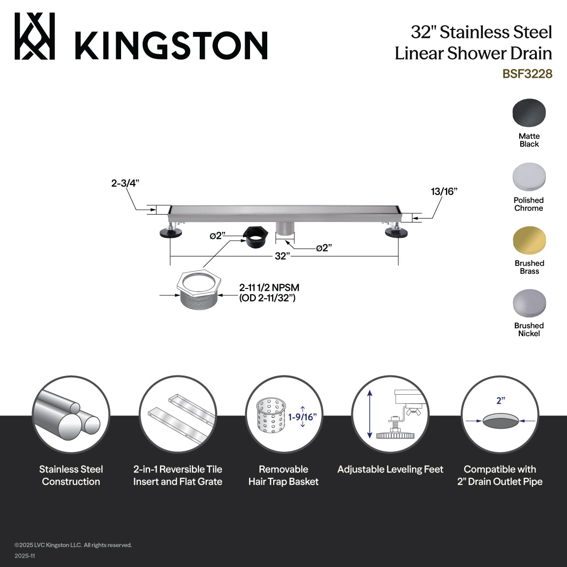 Kingston Watercourse BSF3220 32-Inch Stainless Steel Linear Shower Drain with Reversible Tile Insert and Flat Grate, Matte Black