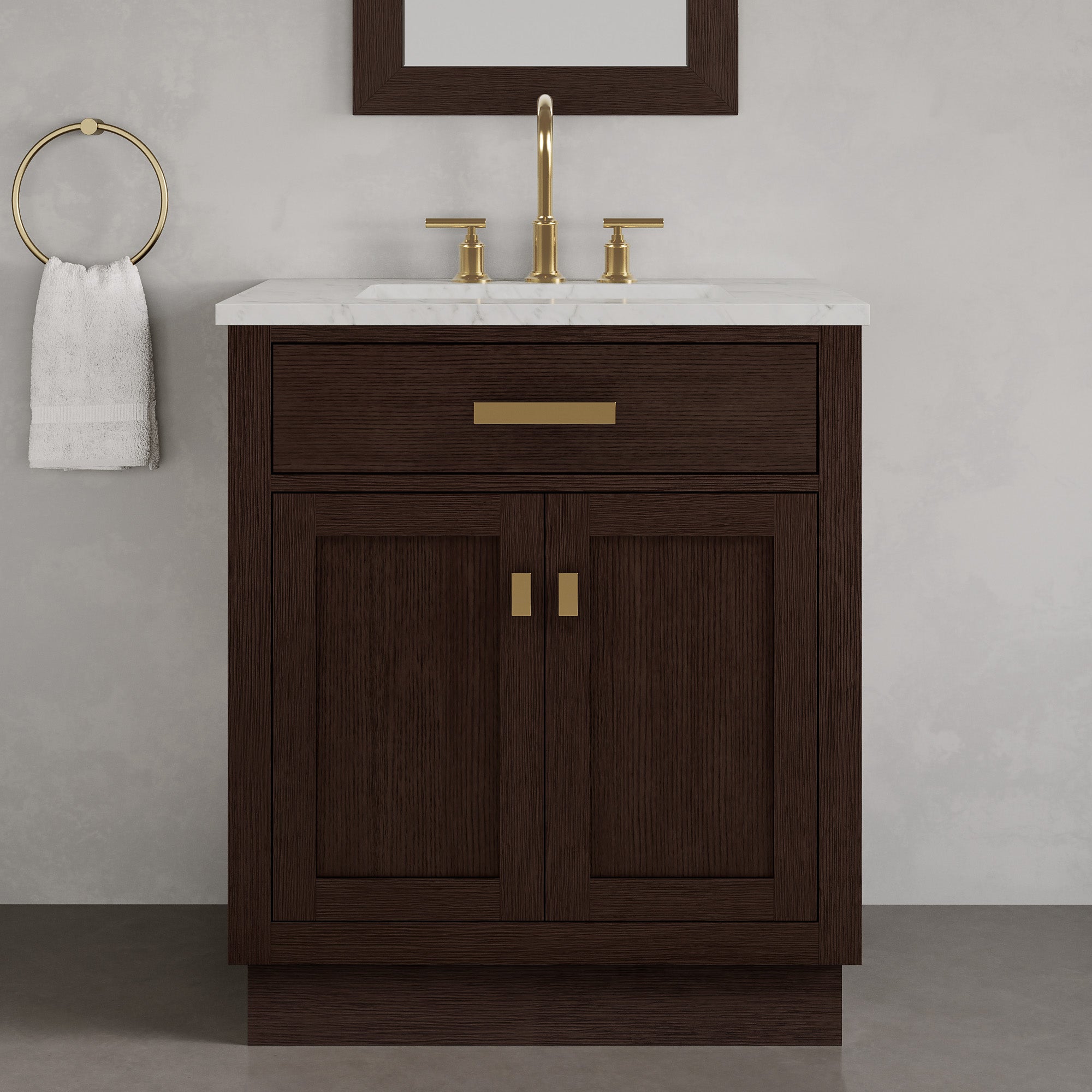 Kingston Luxe CH30CW06BK - 30 in. x 21.5 in. Bathroom Vanity Marble Top and White Basin, Brown Oak
