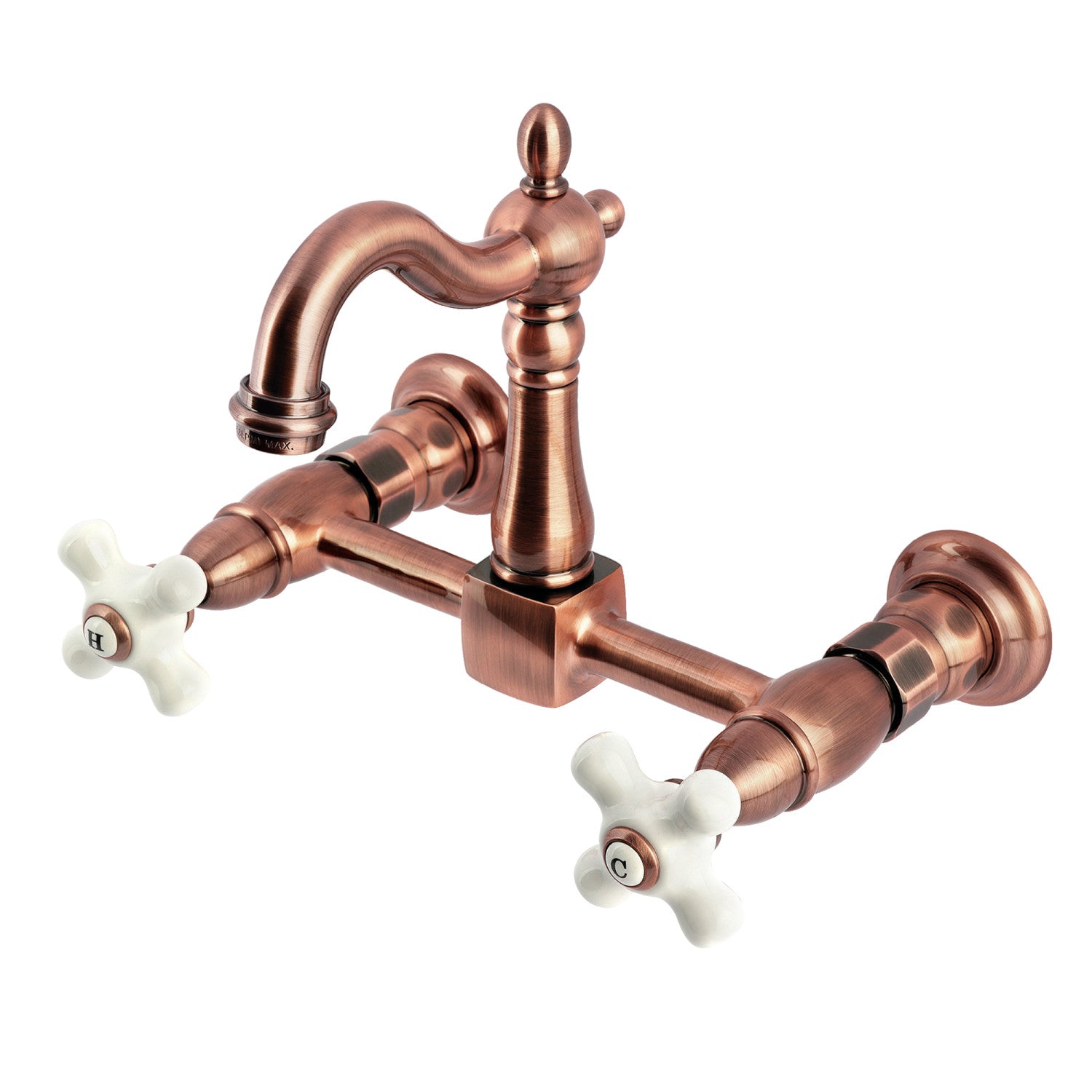 Kingston Heirloom KS244PXAC - Robinet de cuisine à deux poignées Heritage 2 trous Wall Mount Bridge, cuivre antique
