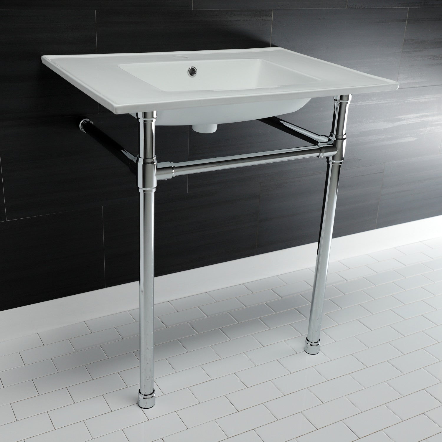 Kingston Tulare KVPB3122711 - Dreyfuss 31-Inch Ceramic Console Sink with Stainless Steel Legs (1-Hole), White/Polished Chrome