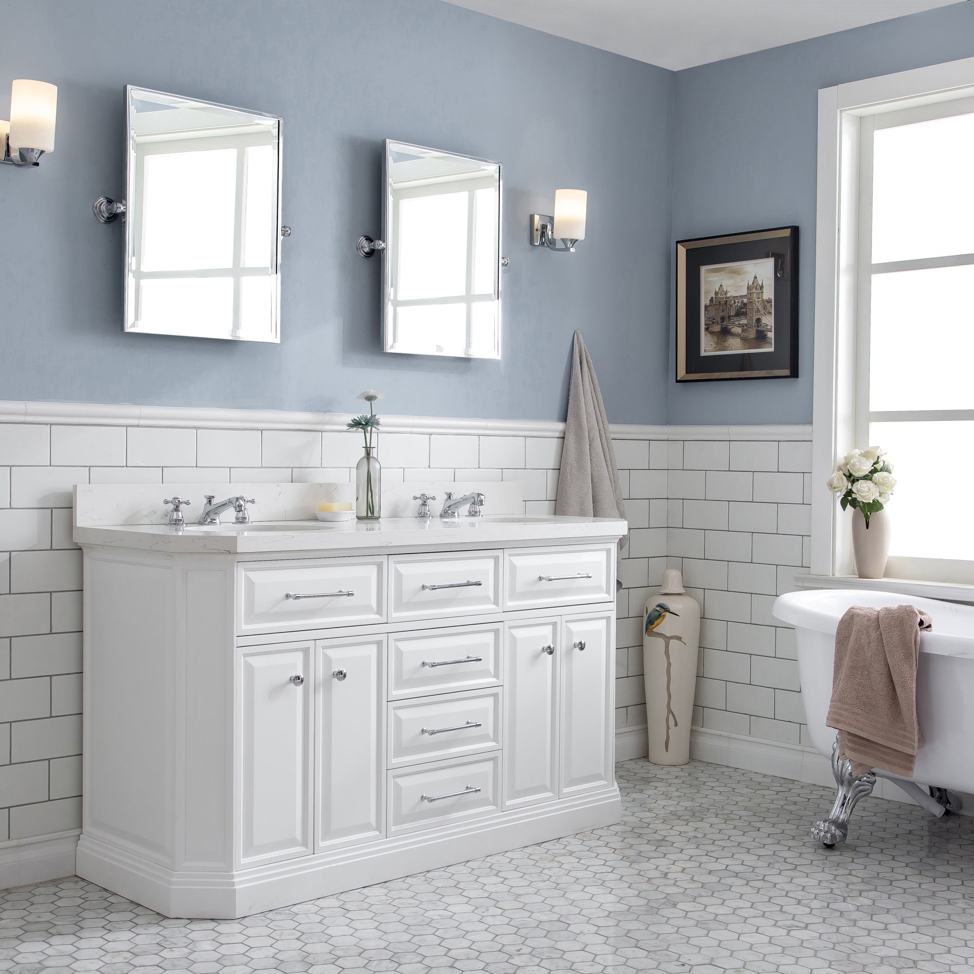 Kingston Luxe PA60QZ01PW - 60 in. x 22 in. Bathroom Vanity Quartz Top and White Basin, Pure White