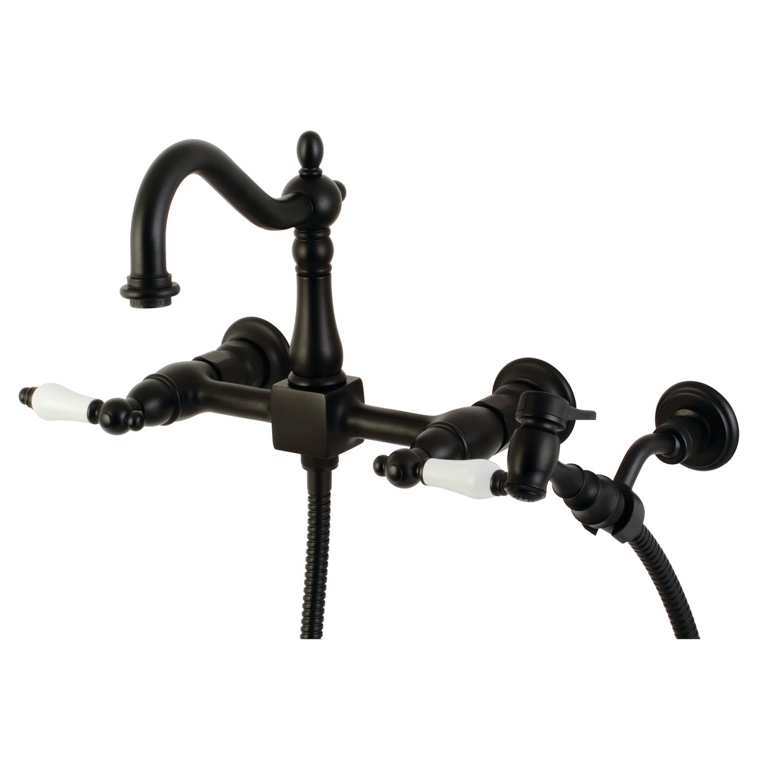 Kingston Heirloom KS1260PLBS - Robinet de cuisine à deux poignées Heritage 3 trous Wall Mount Bridge avec pulvérisateur en laiton, noir mat
