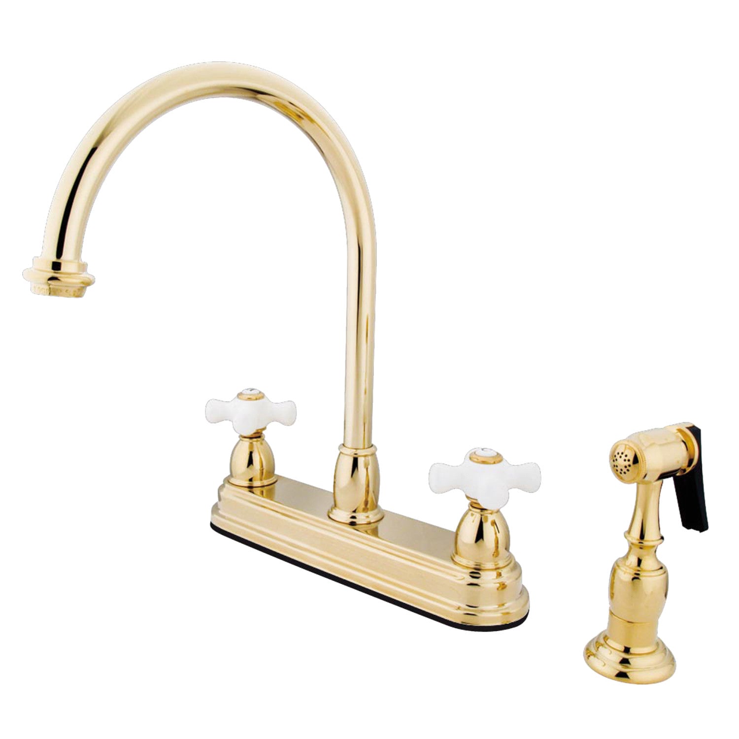 Kingston Heirloom KB3752PXBS - Robinet de cuisine central à deux poignées 4 trous 8" avec pulvérisateur en laiton poli