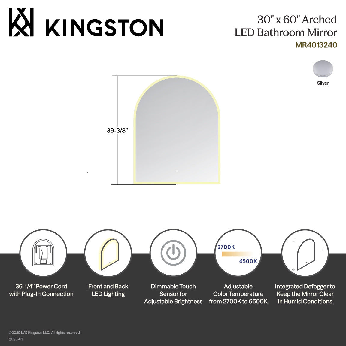 Kingston Sona MR4013240 - Aurora 30-Inch x 60-Inch Arched LED Bathroom Mirror, Front and Back Light, Anti-Fog, Dimmable Touch Sensor Lighted Mirror, Silver