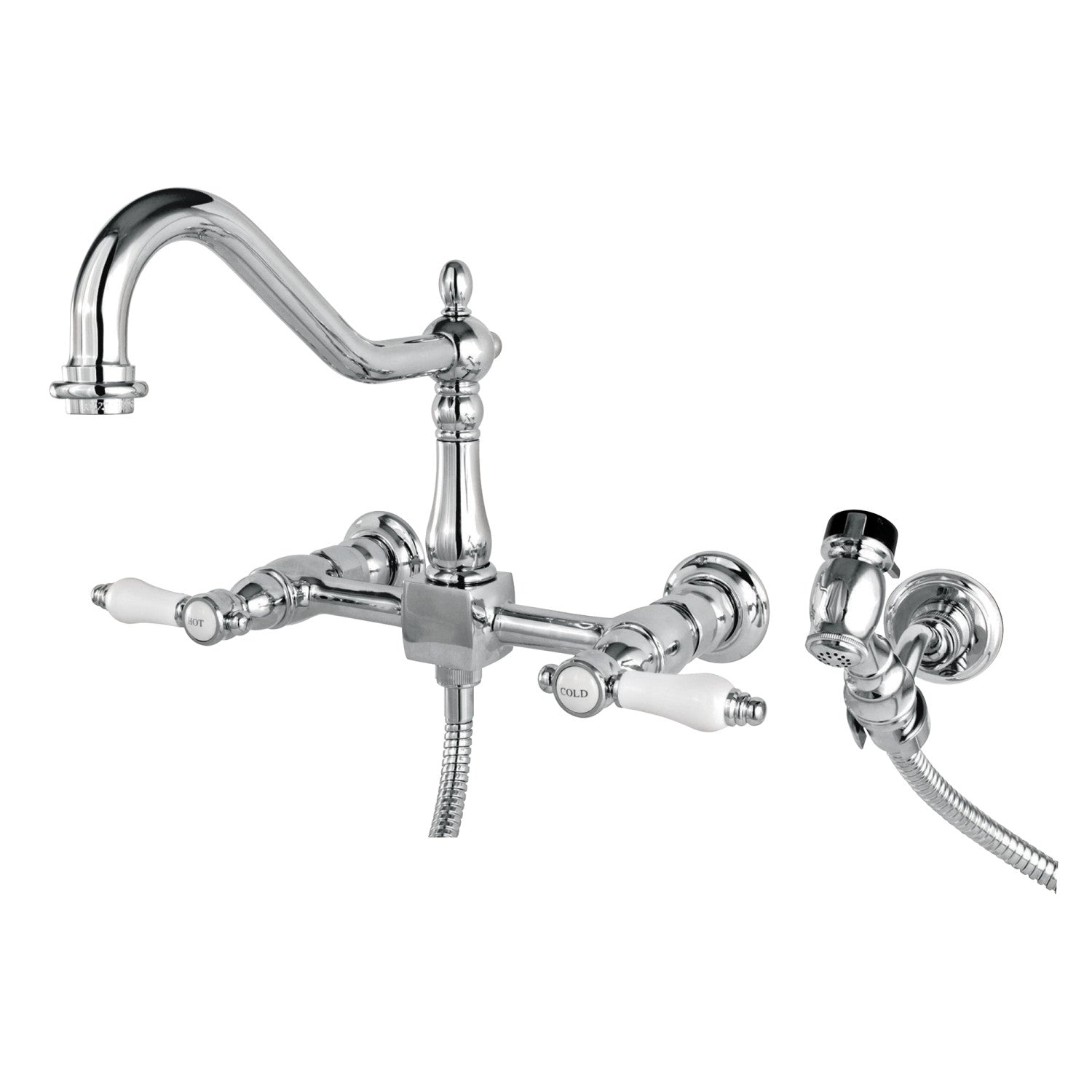 Kingston Heirloom KS1241BPLBS - Robinet de cuisine à deux poignées Bel-Air 3 trous avec pulvérisateur en laiton, chrome poli