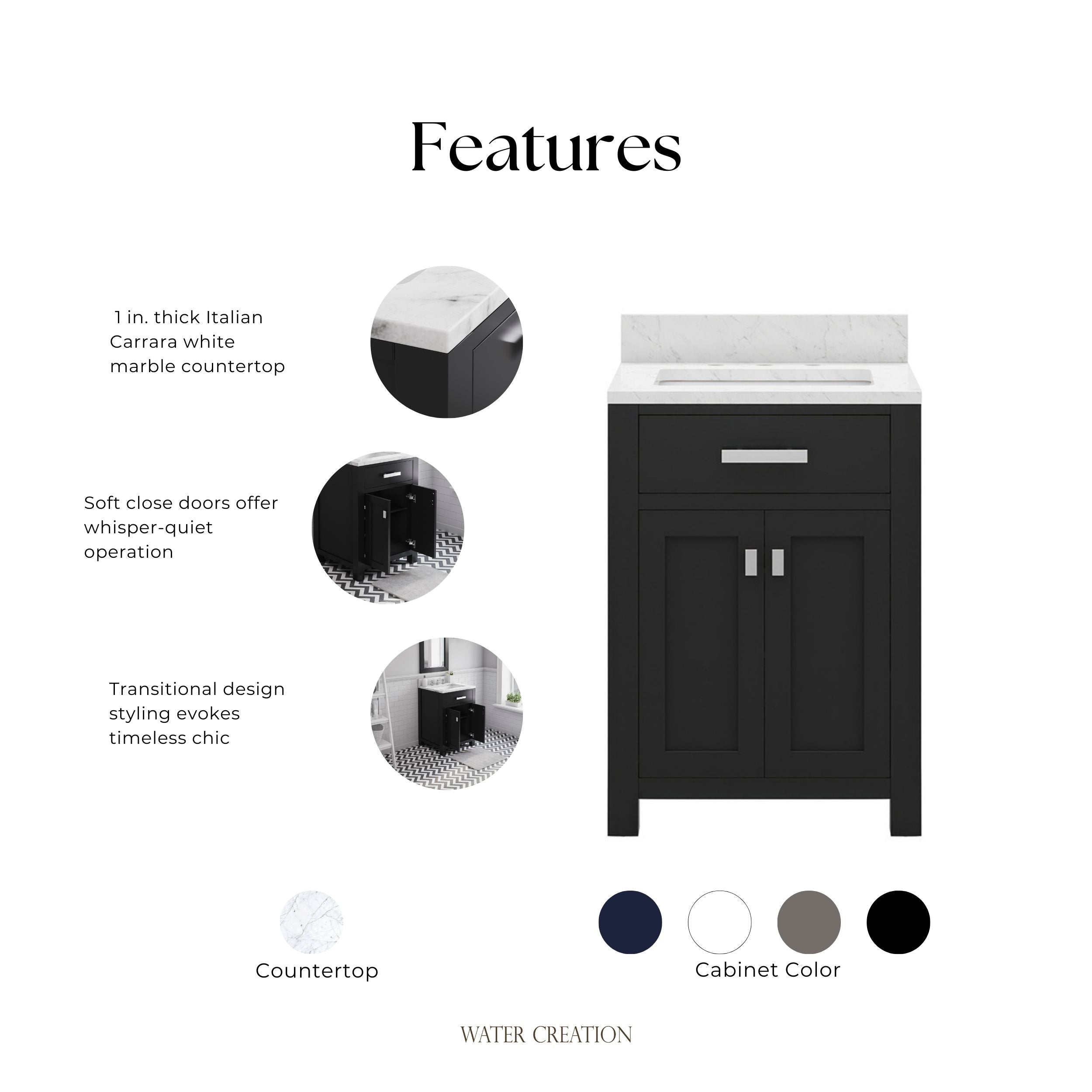 Kingston Luxe MS24CW01ES - 24 in. x 21.5 in. Bathroom Vanity Single Sink with Carrara White Marble Top, Espresso