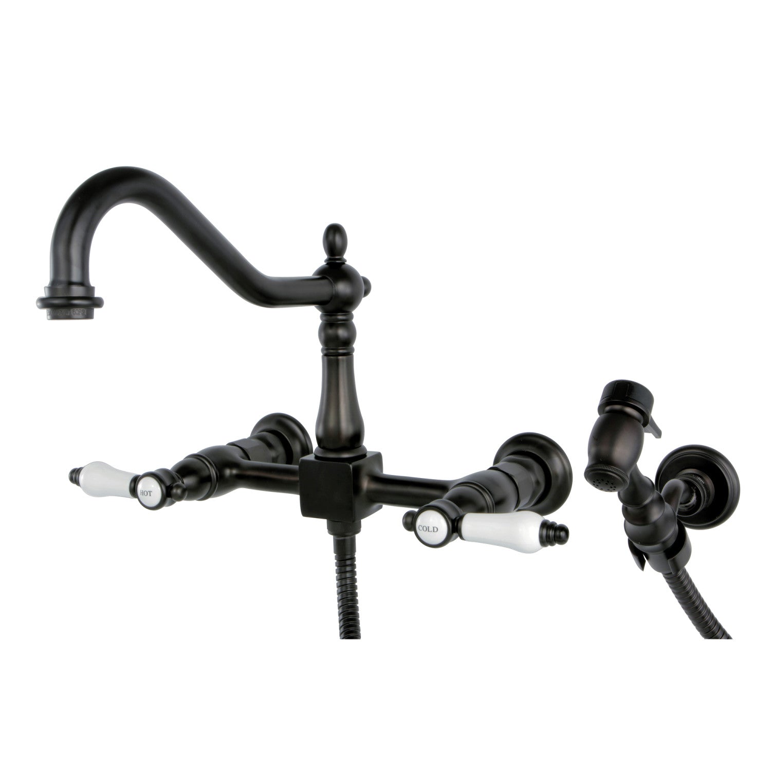Kingston Heirloom KS1245BPLBS - Robinet de cuisine à deux poignées Bel-Air 3 trous avec pulvérisateur en laiton, bronze huilé