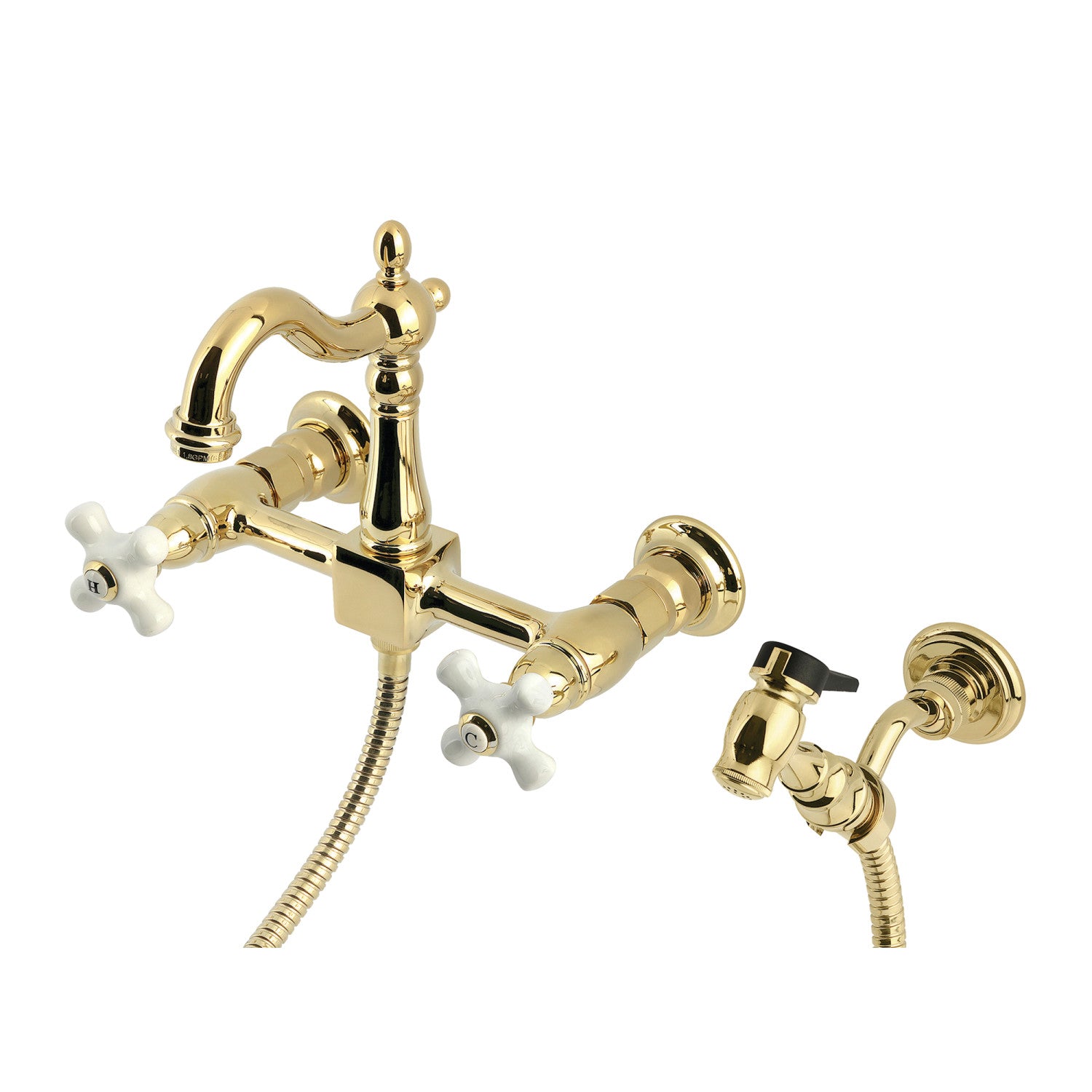 Kingston Heirloom KS2442PXBS - Robinet de cuisine à double poignée Heritage 3 trous Wall Mount Bridge avec pulvérisateur en laiton, laiton poli