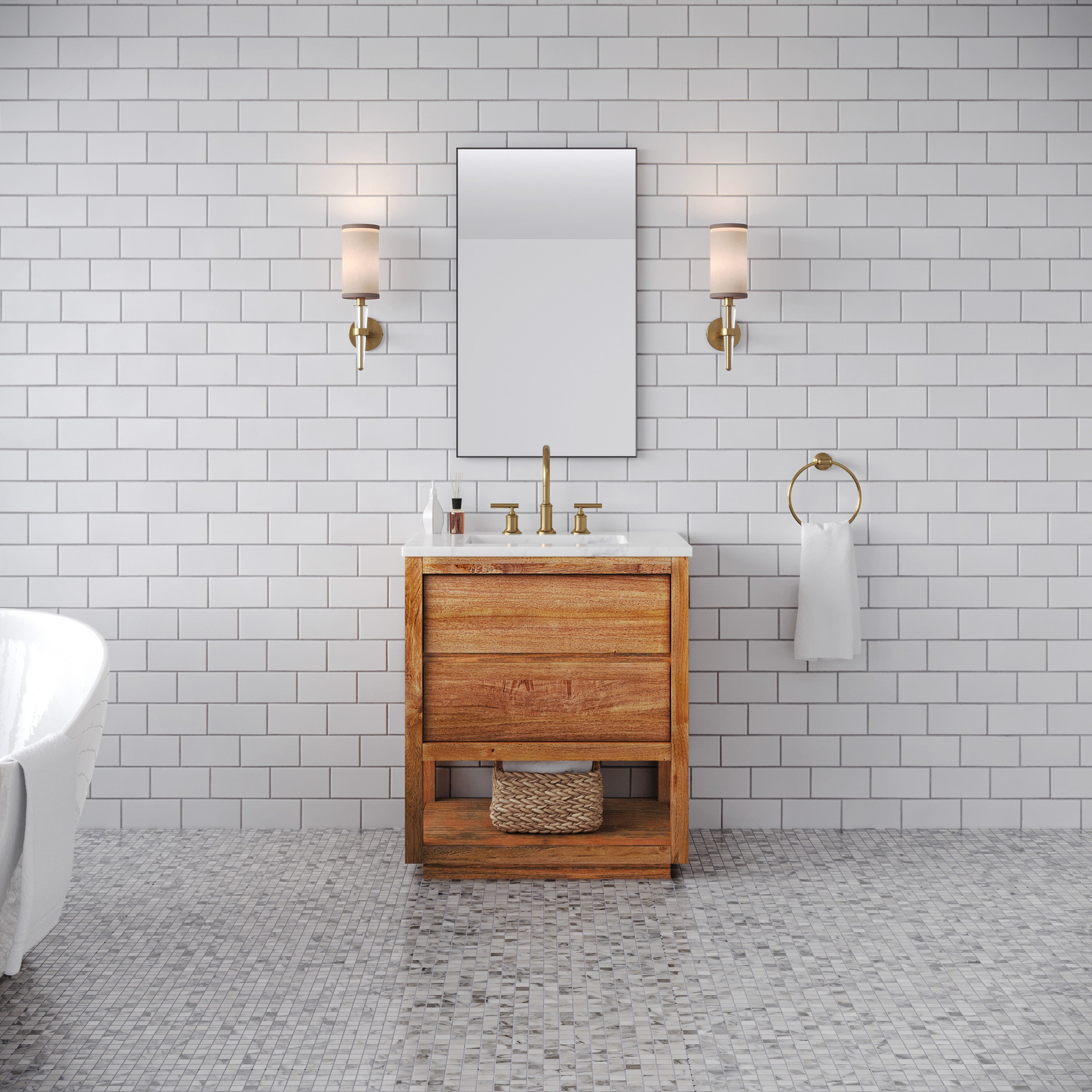 Kingston Luxe OA30CW00MW - 30 in. x 22 in. Bathroom Vanity Single Sink with White Marble Top and White Basin, Mango Wood