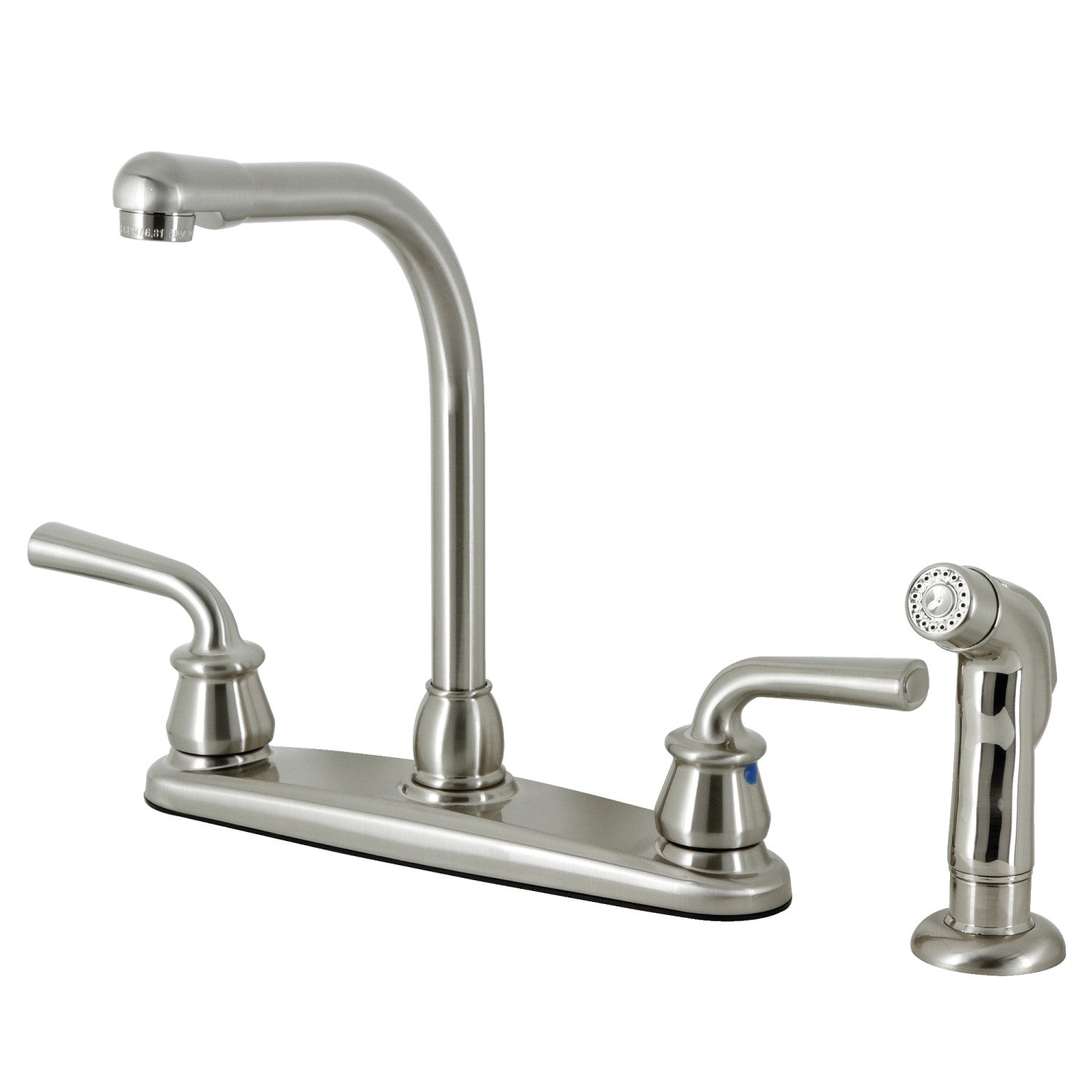 Kingston Tulare KB718RXLSP - Robinet de cuisine central à deux poignées 4 trous 8 avec pulvérisateur latéral, nickel brossé