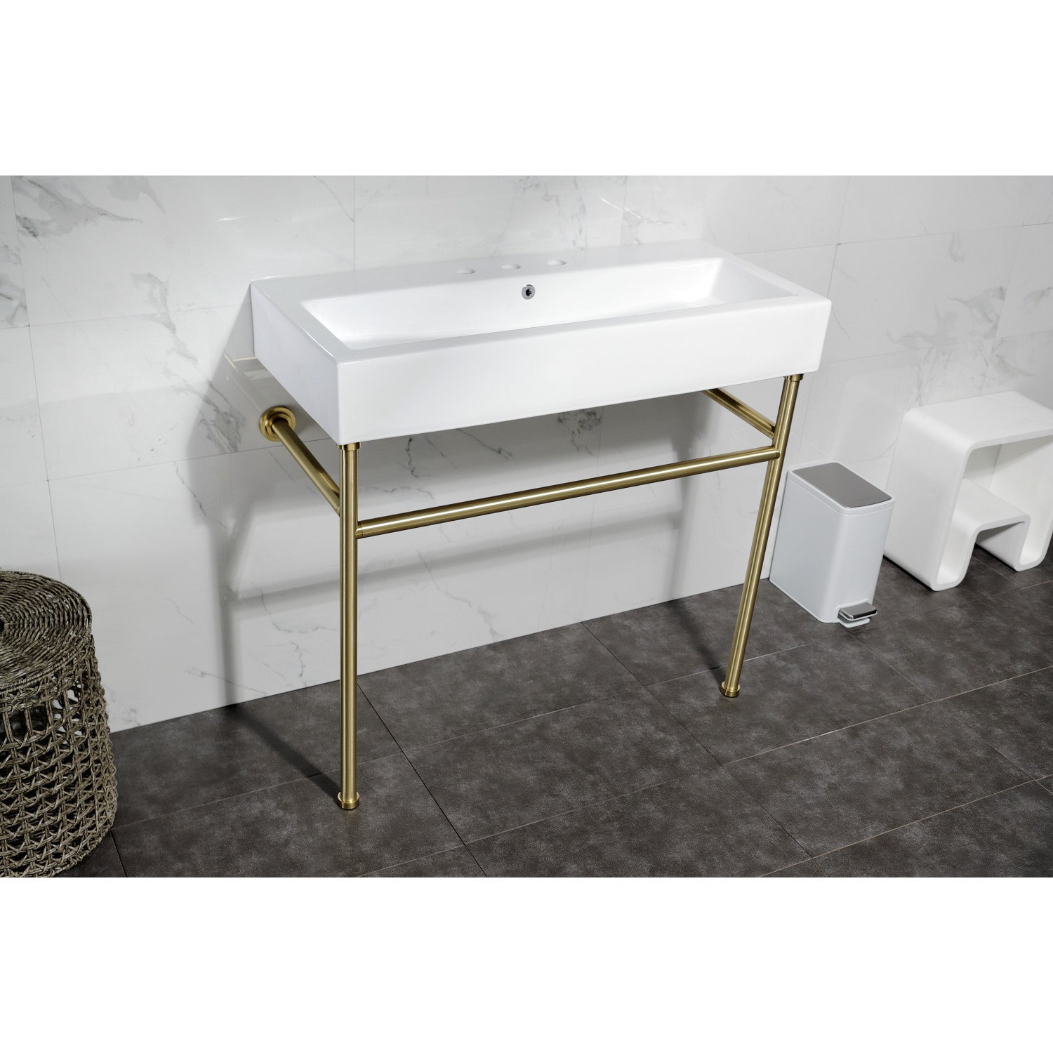 Kingston Sona VPB3917W7ST - New Haven 39-Inch Porcelain Console Sink with Stainless Steel Legs (8-Inch, 3-Hole), White/Brushed Brass