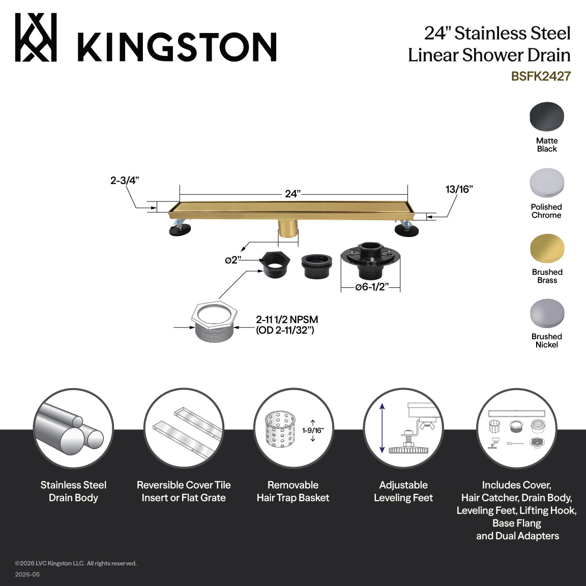 Kingston Watercourse BSFK2421 24-Inch Stainless Steel Linear Shower Drain with Reversible Tile Insert and Flat Grate, Drain with Base Flange and Hair Strainer, Polished Chrome