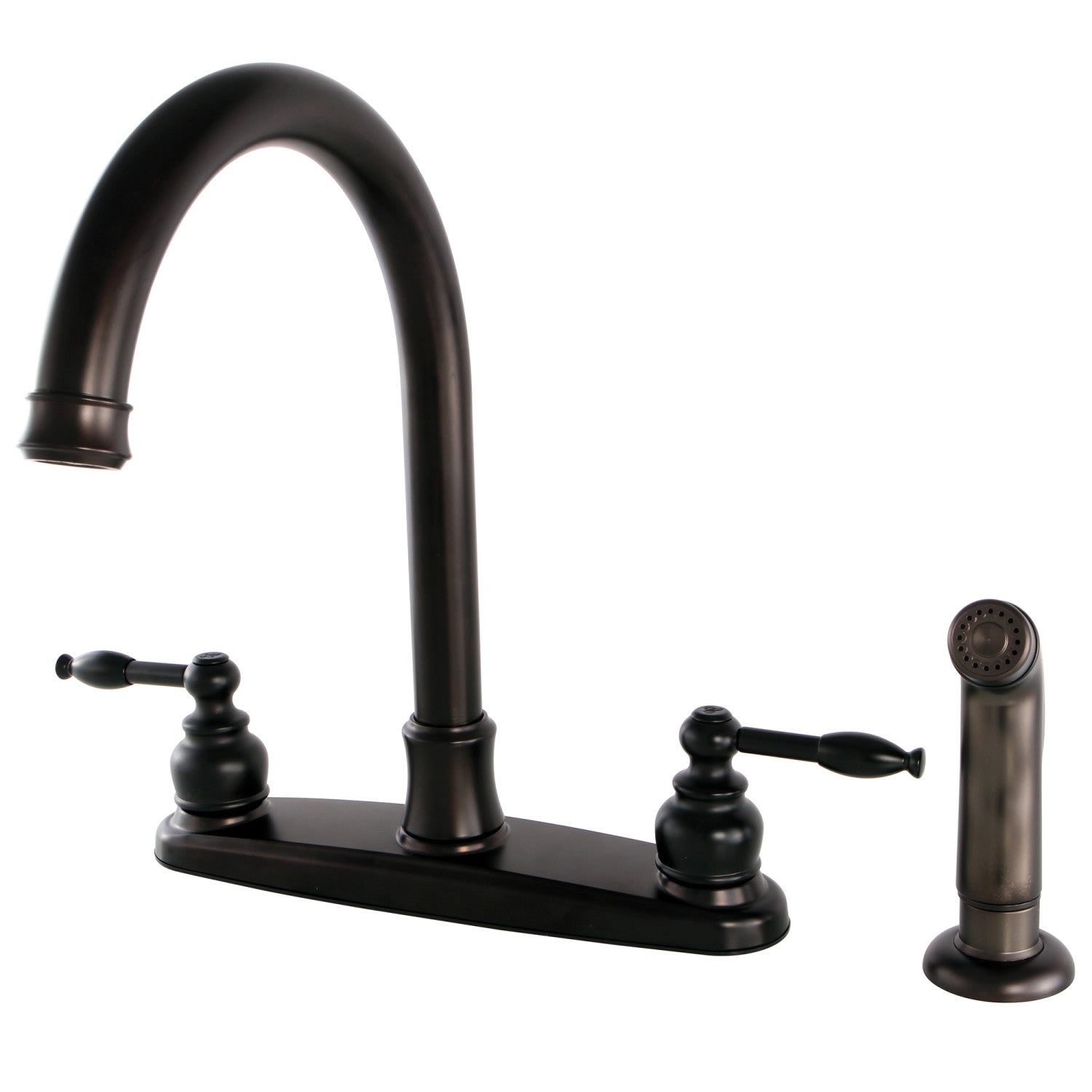 Kingston Tulare FB7795KLSP - Robinet de cuisine central à deux poignées Knight 4 trous 8" avec pulvérisateur latéral, bronze frotté à l'huile
