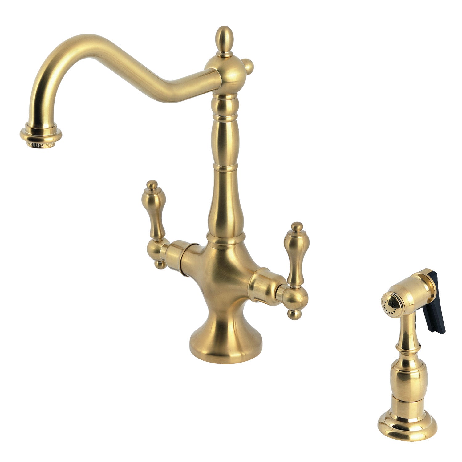 Kingston Heirloom KS1777ALBS - Heritage Two-Handle 2-Hole Kitchen Faucet with Brass Sprayer, Brushed Brass