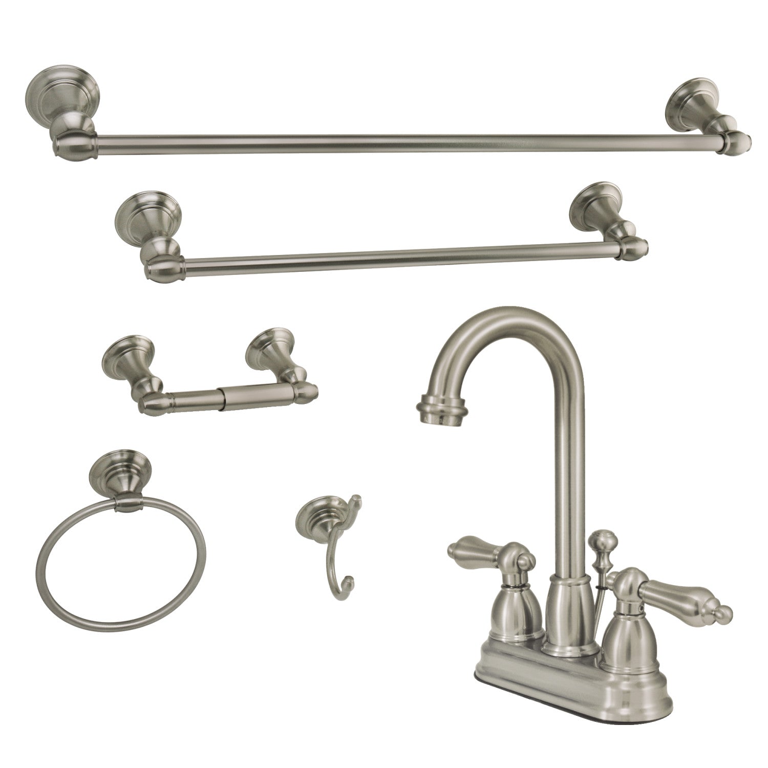 Kingston Heirloom KBK3618AL Double-Handle 3 trous montage sur plage 4-Inch Centerset Robinet de salle de bains avec kit d'accessoires de salle de bains 5-Piece, Nickel brossé